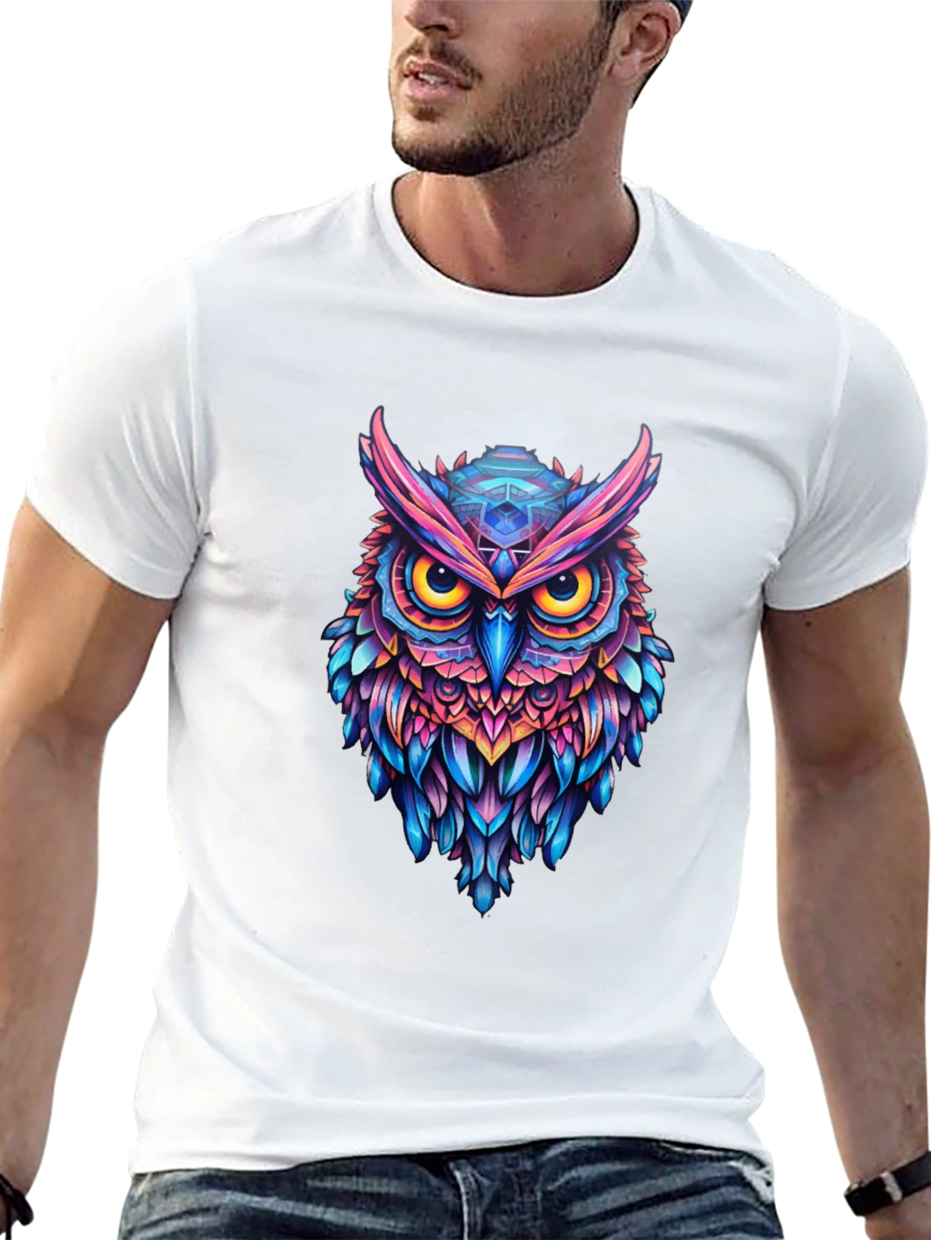 Vibrant Owl Graphic Black T-Shirt - Unique Art