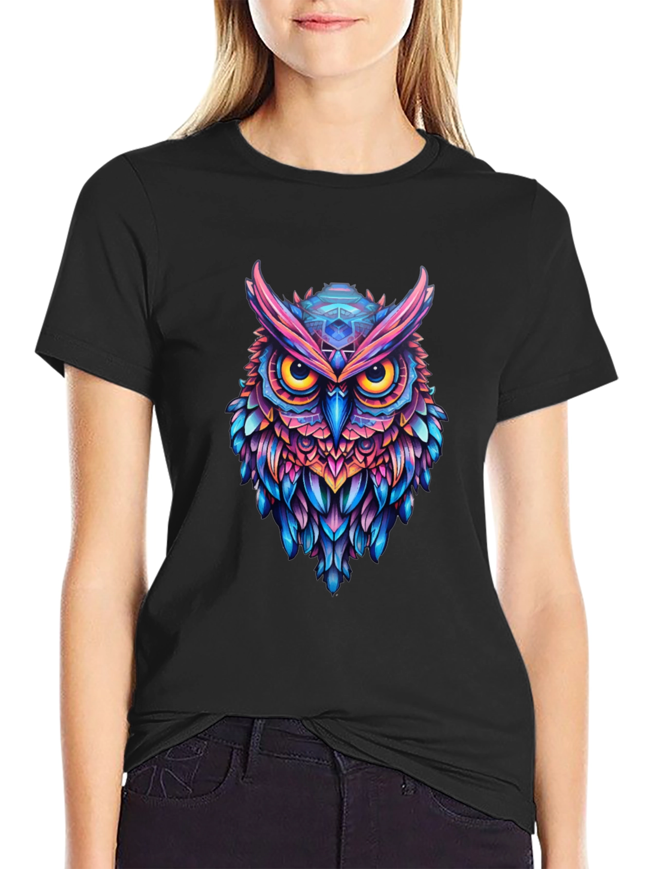 Vibrant Owl Graphic Black T-Shirt - Unique Art