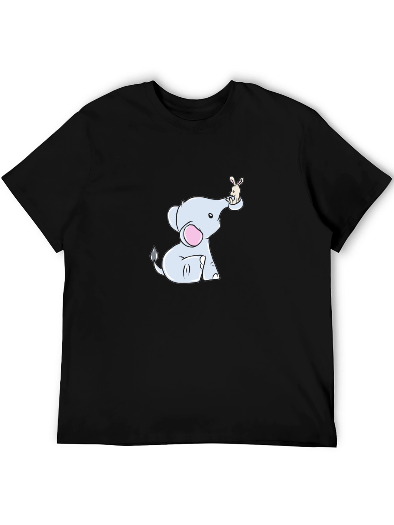 Cute Elephant & Bunny Cartoon Black T-Shirt