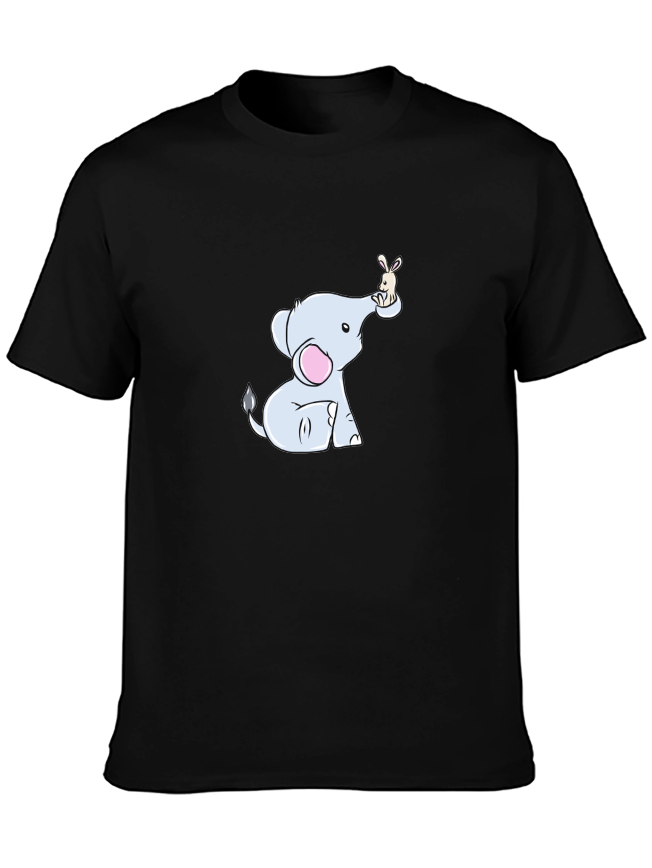 Cute Elephant & Bunny Cartoon Black T-Shirt