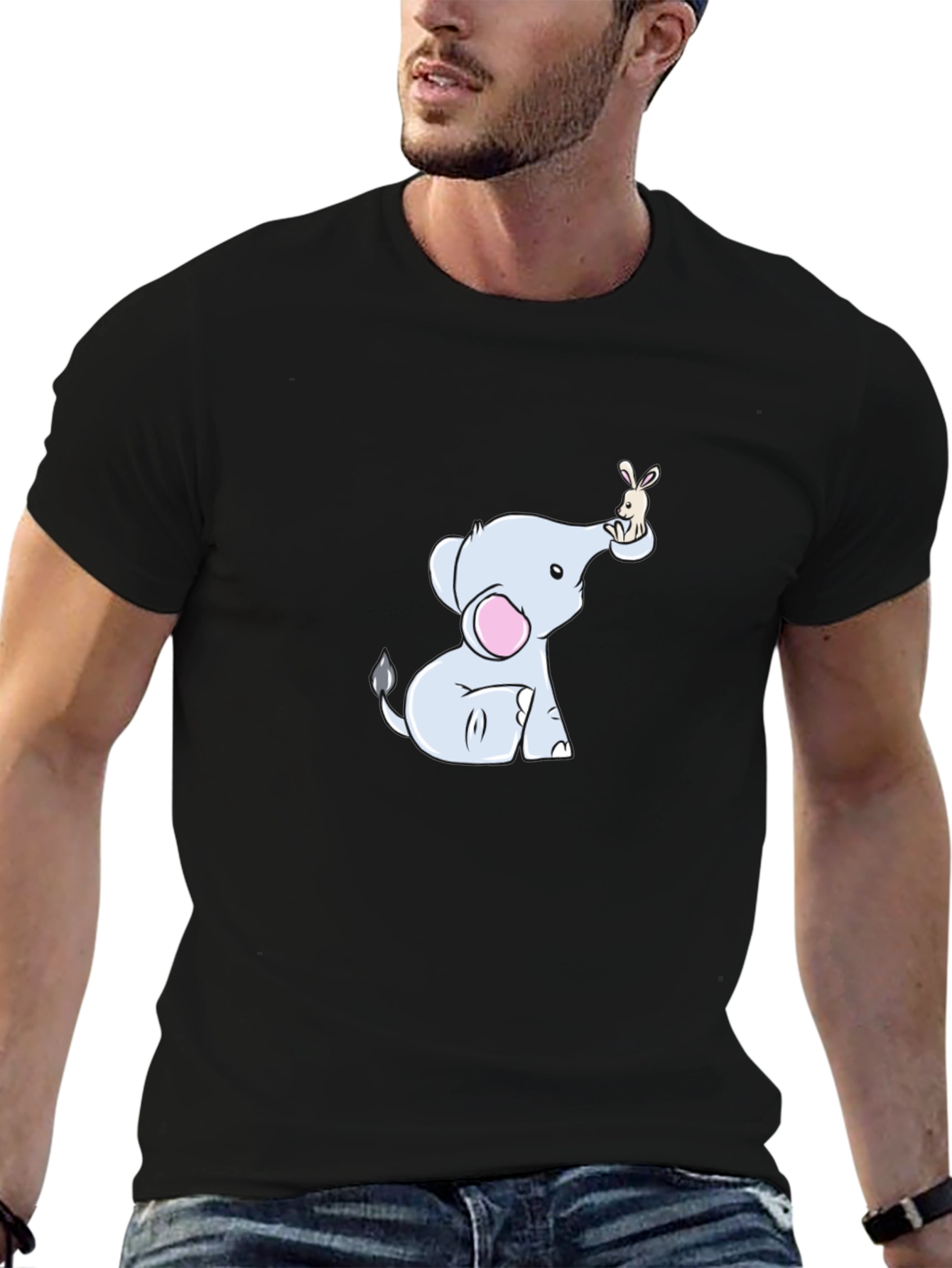 Cute Elephant & Bunny Cartoon Black T-Shirt