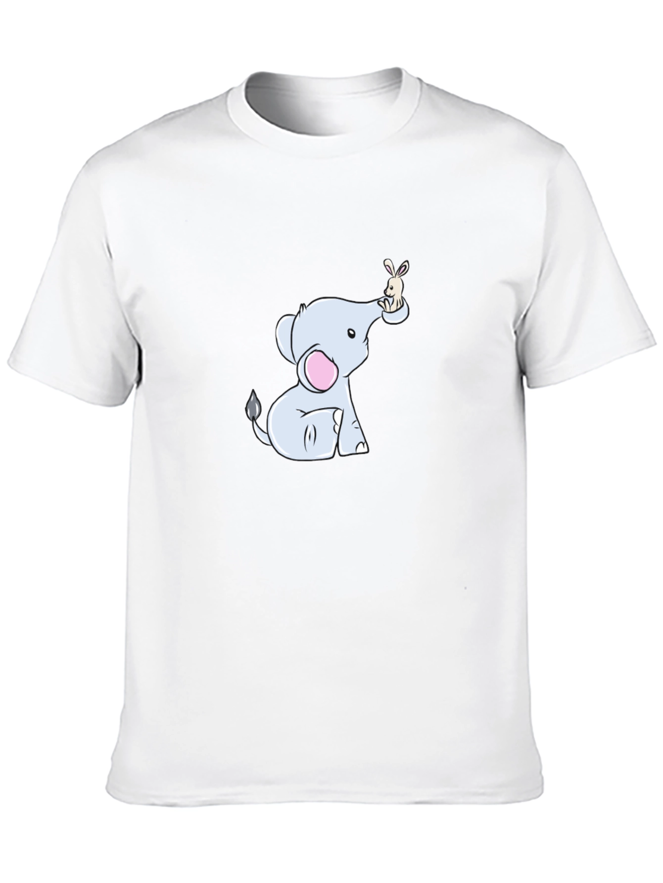 Cute Elephant & Bunny Cartoon Black T-Shirt