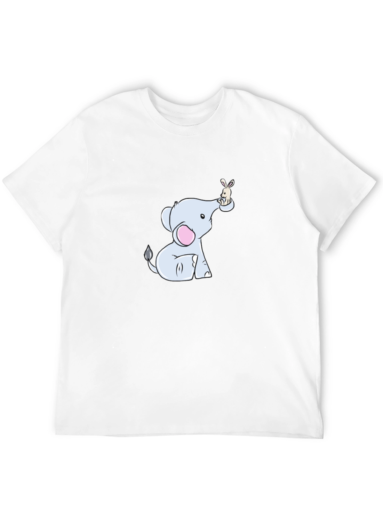 Cute Elephant & Bunny Cartoon Black T-Shirt