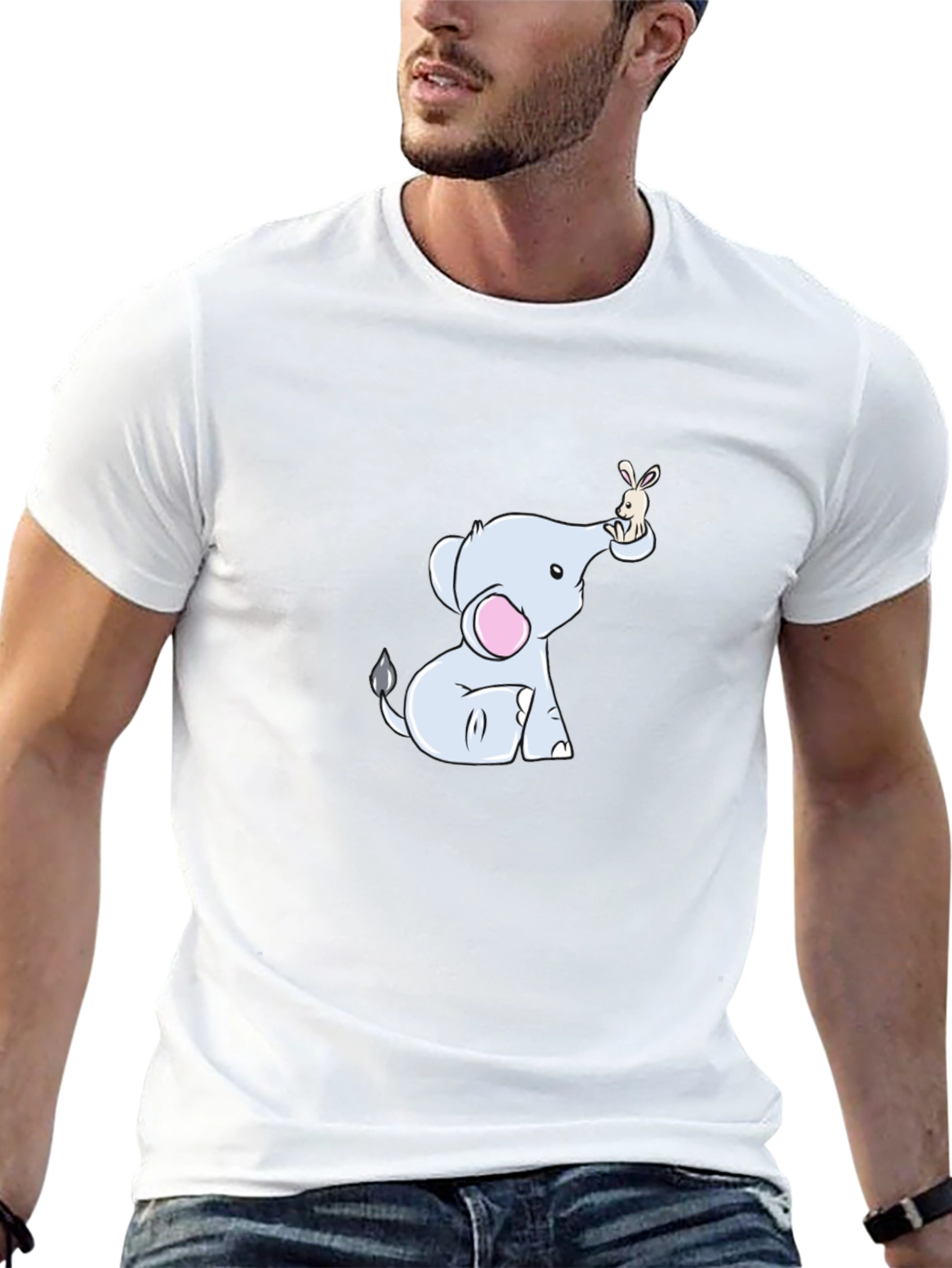Cute Elephant & Bunny Cartoon Black T-Shirt