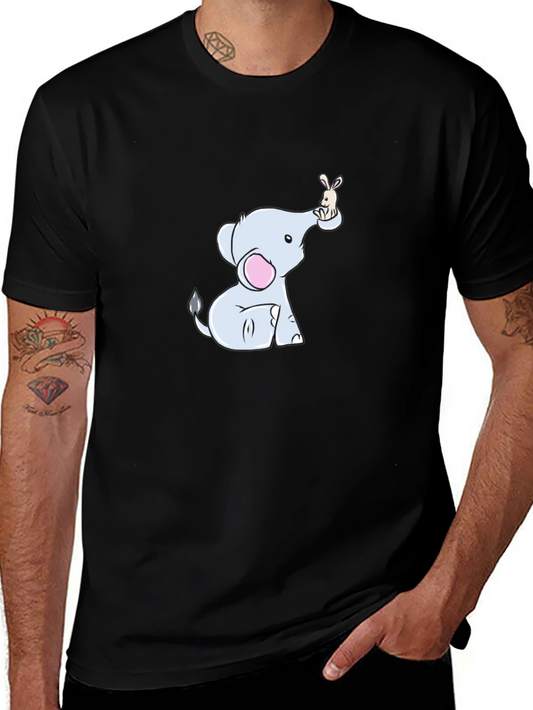 Cute Elephant & Bunny Cartoon Black T-Shirt