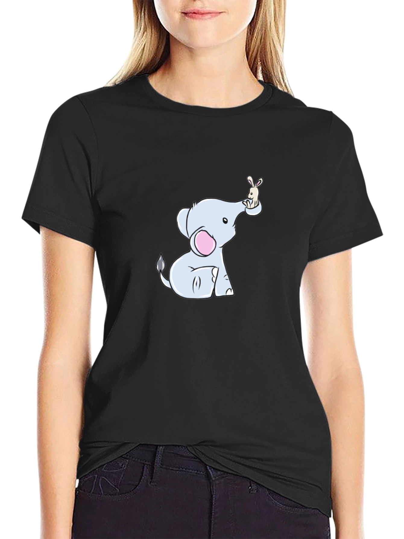 Cute Elephant & Bunny Cartoon Black T-Shirt