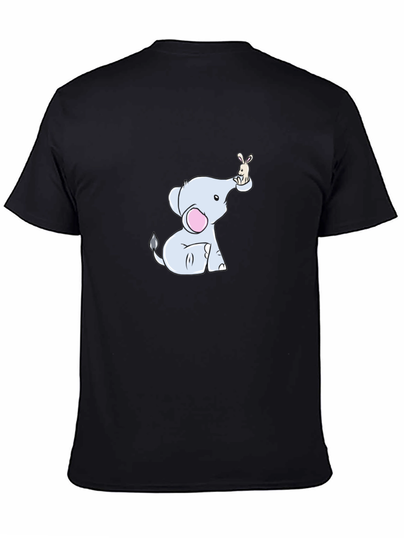 Cute Elephant & Bunny Cartoon Black T-Shirt