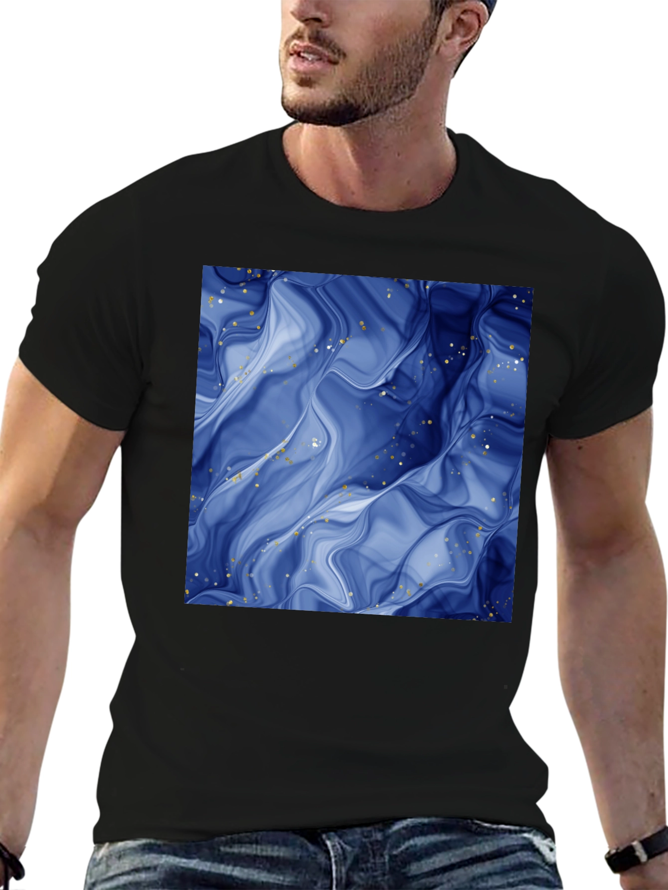 Abstract Blue Marble Graphic Black T-Shirt