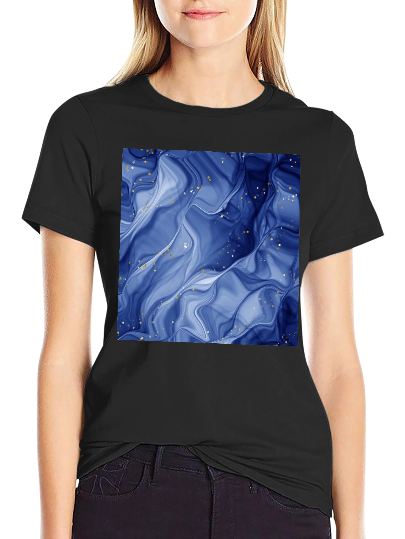 Abstract Blue Marble Graphic Black T-Shirt