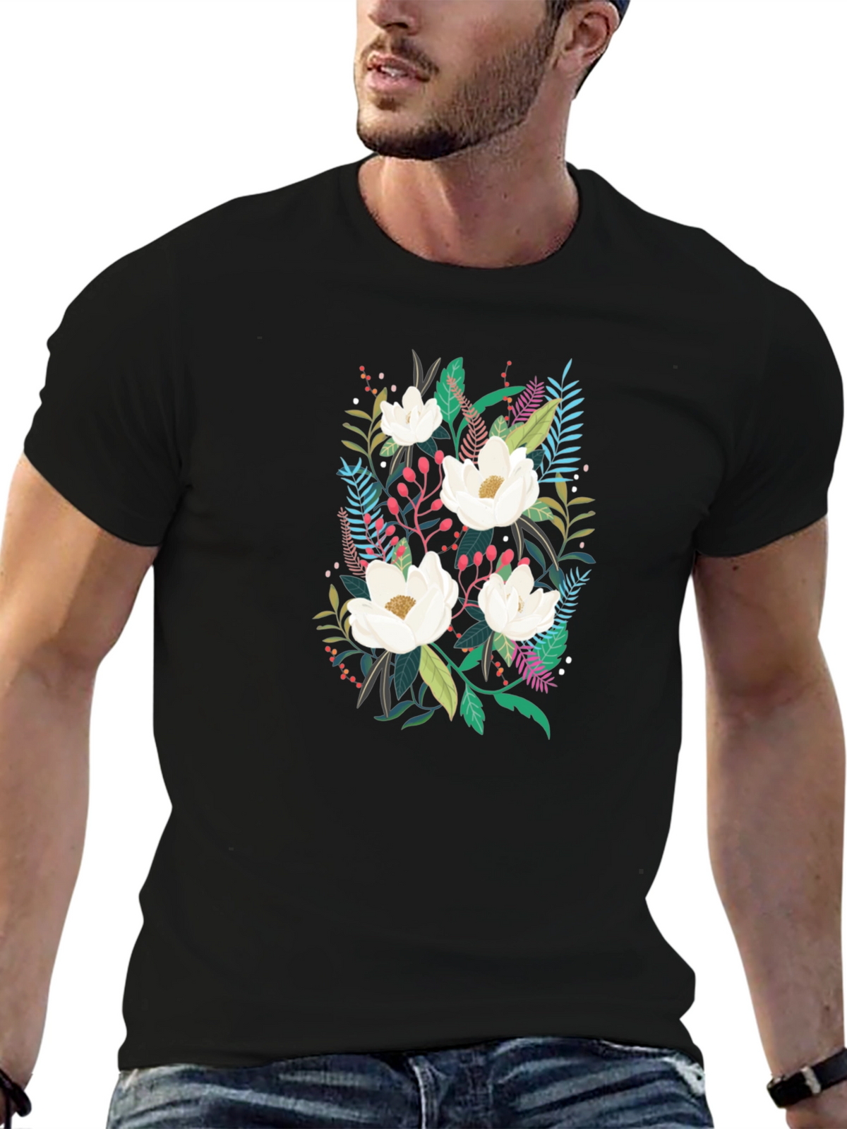 Floral Print Black Cotton T-Shirt