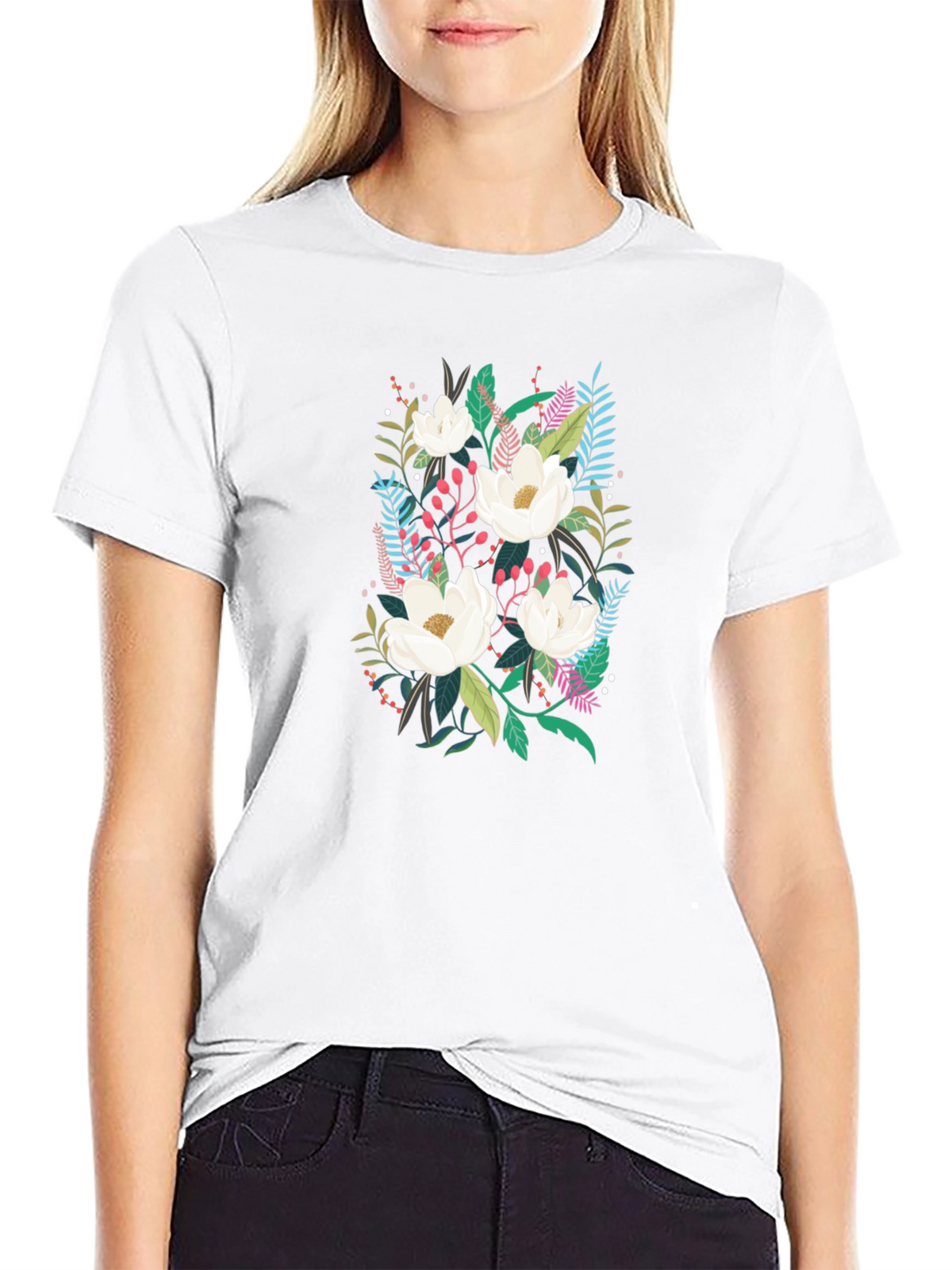 Floral Print Black Cotton T-Shirt