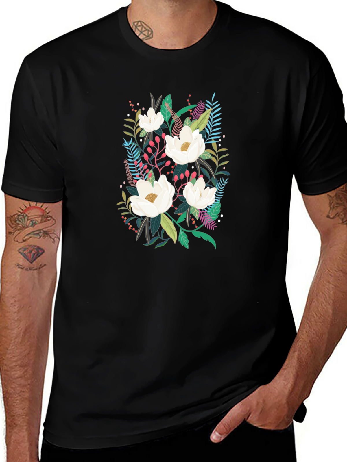 Floral Print Black Cotton T-Shirt