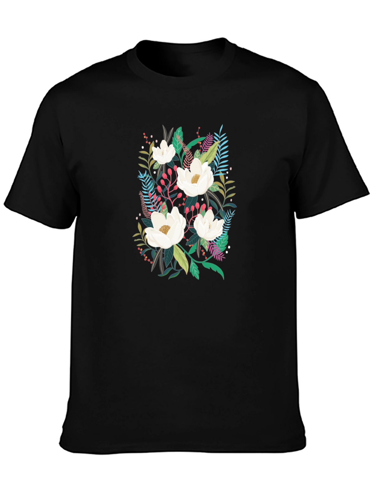 Floral Print Black Cotton T-Shirt