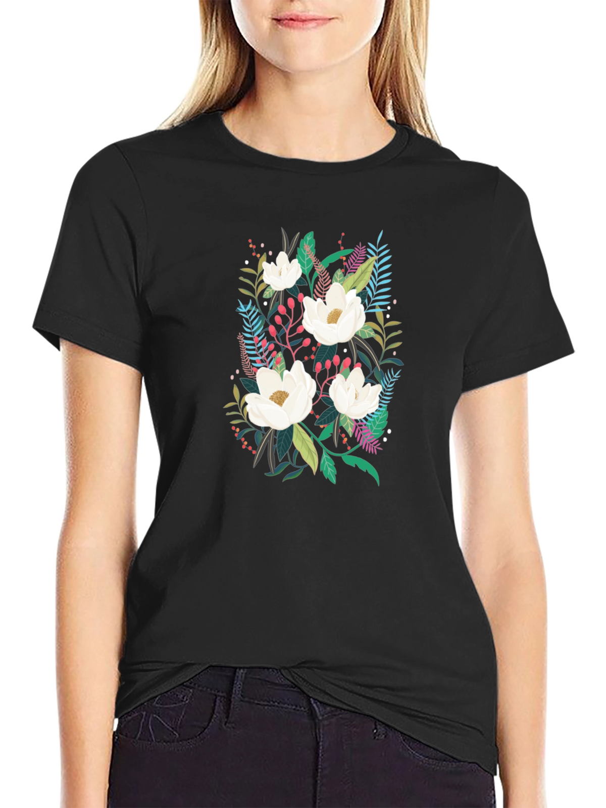 Floral Print Black Cotton T-Shirt