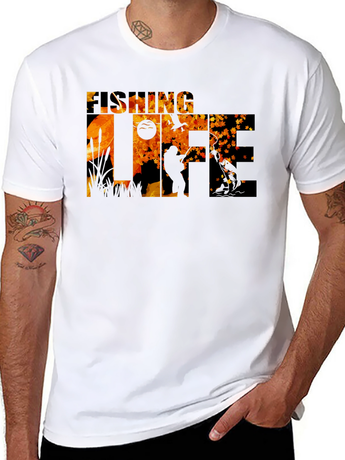 Fishing Life Graphic Tee - Black Crew Neck