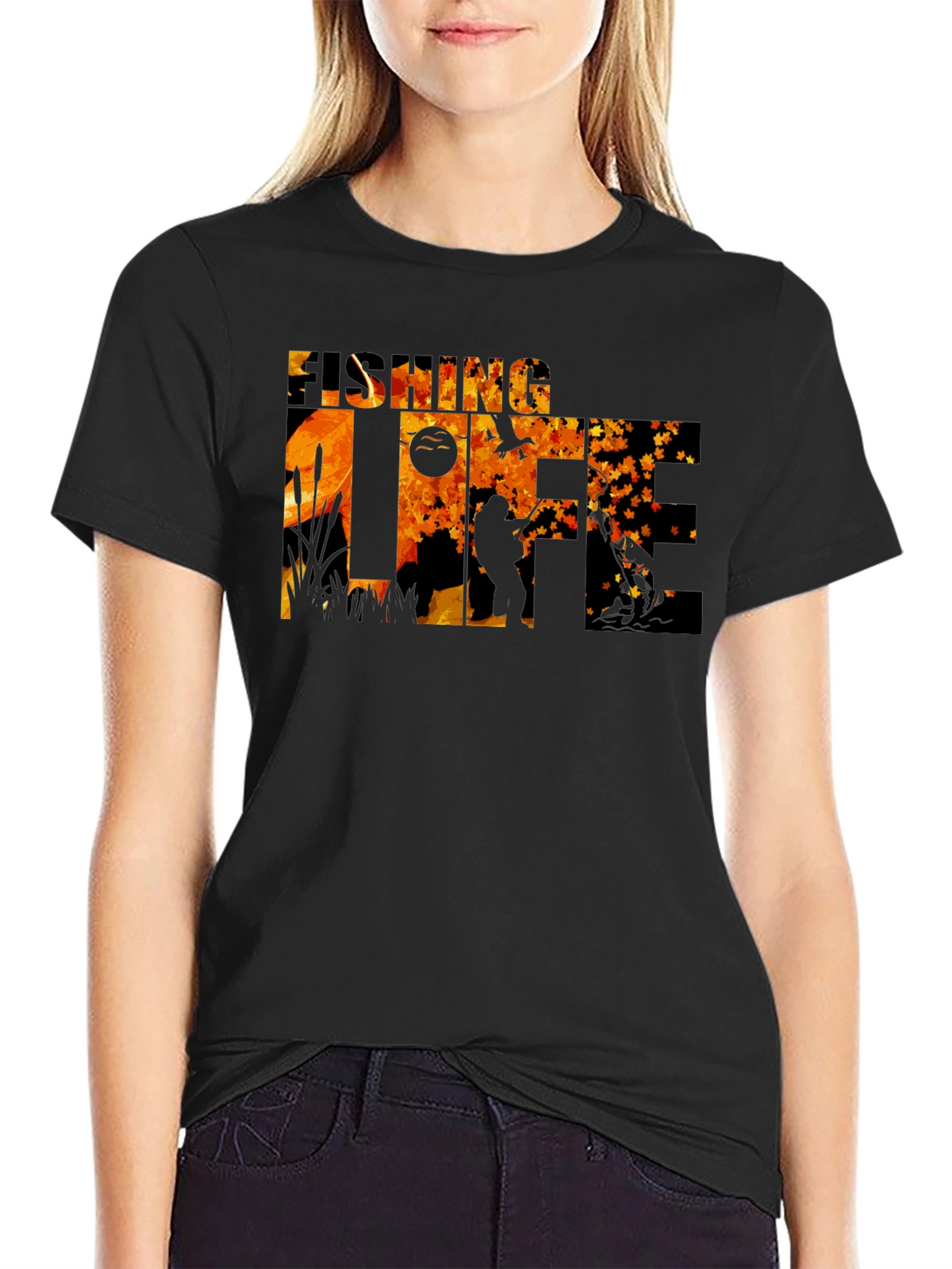 Fishing Life Graphic Tee - Black Crew Neck