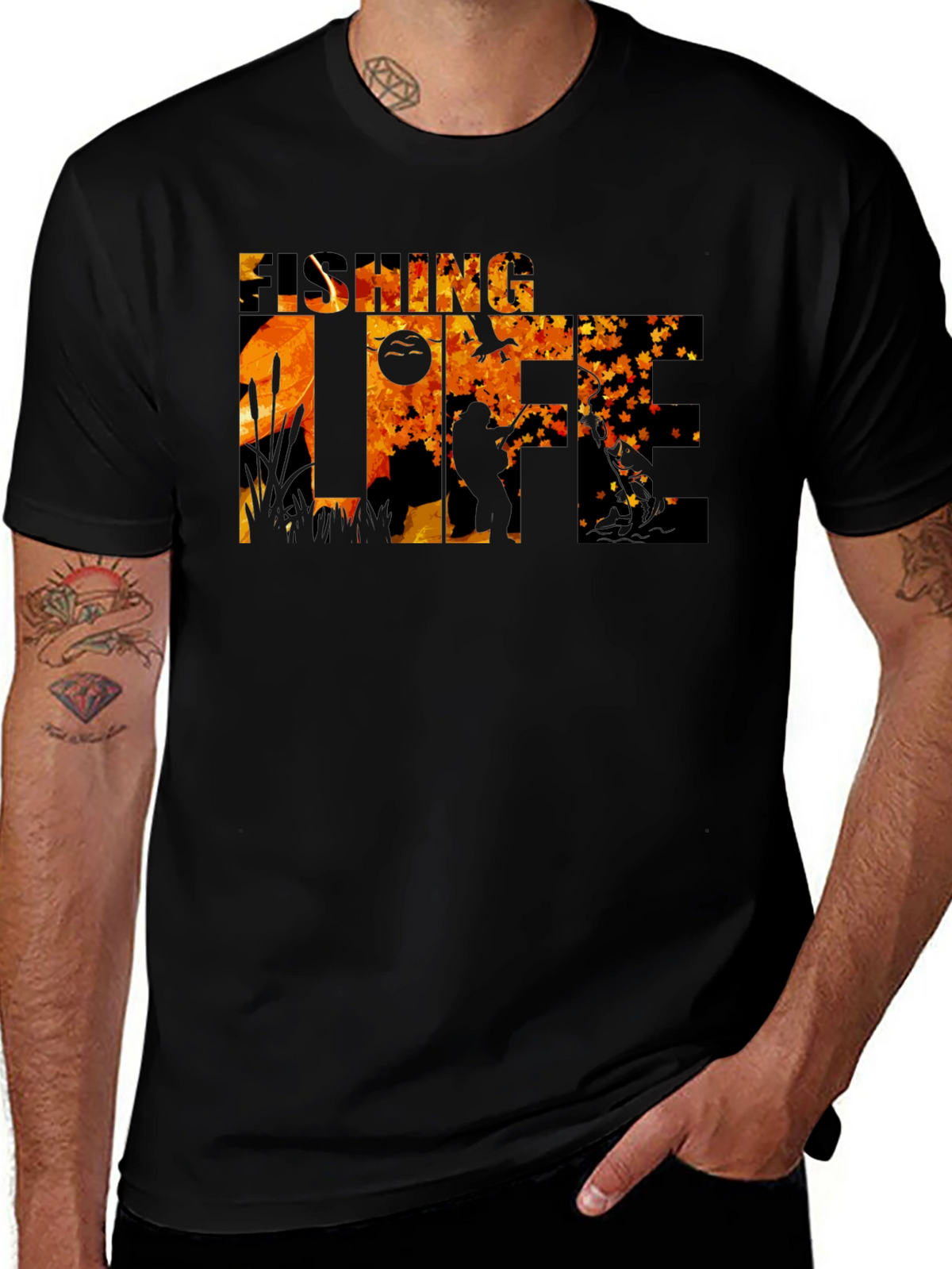 Fishing Life Graphic Tee - Black Crew Neck