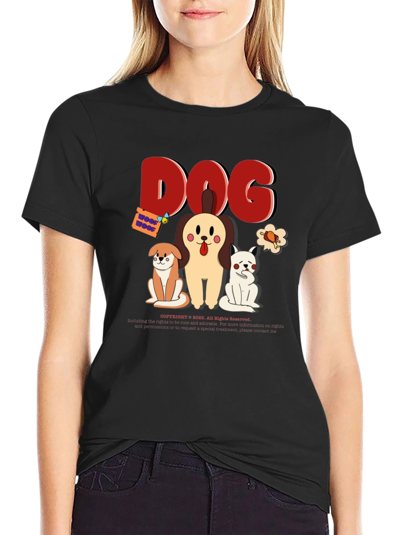 Cute Dog Cartoon Print Black T-Shirt