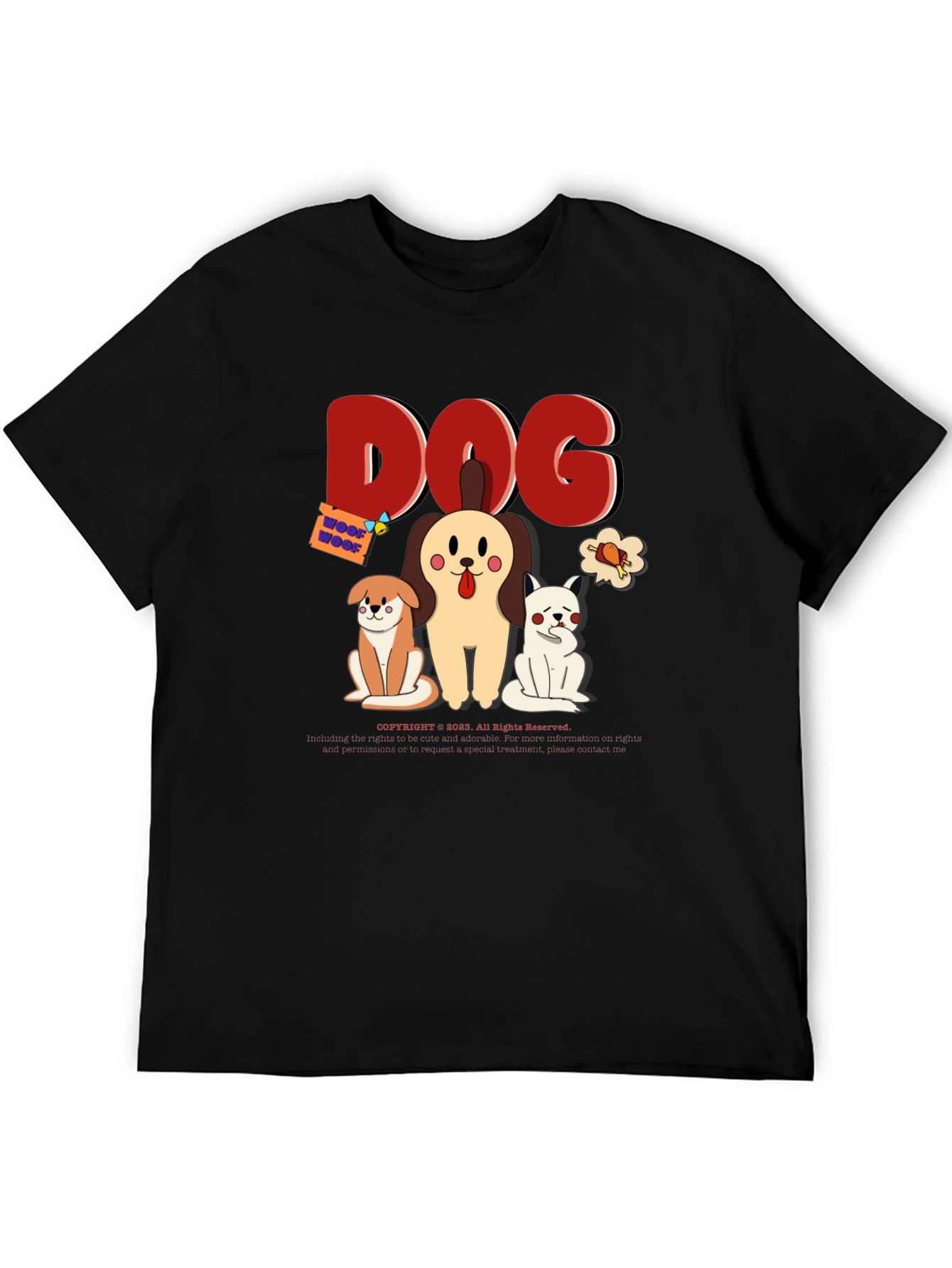 Cute Dog Cartoon Print Black T-Shirt