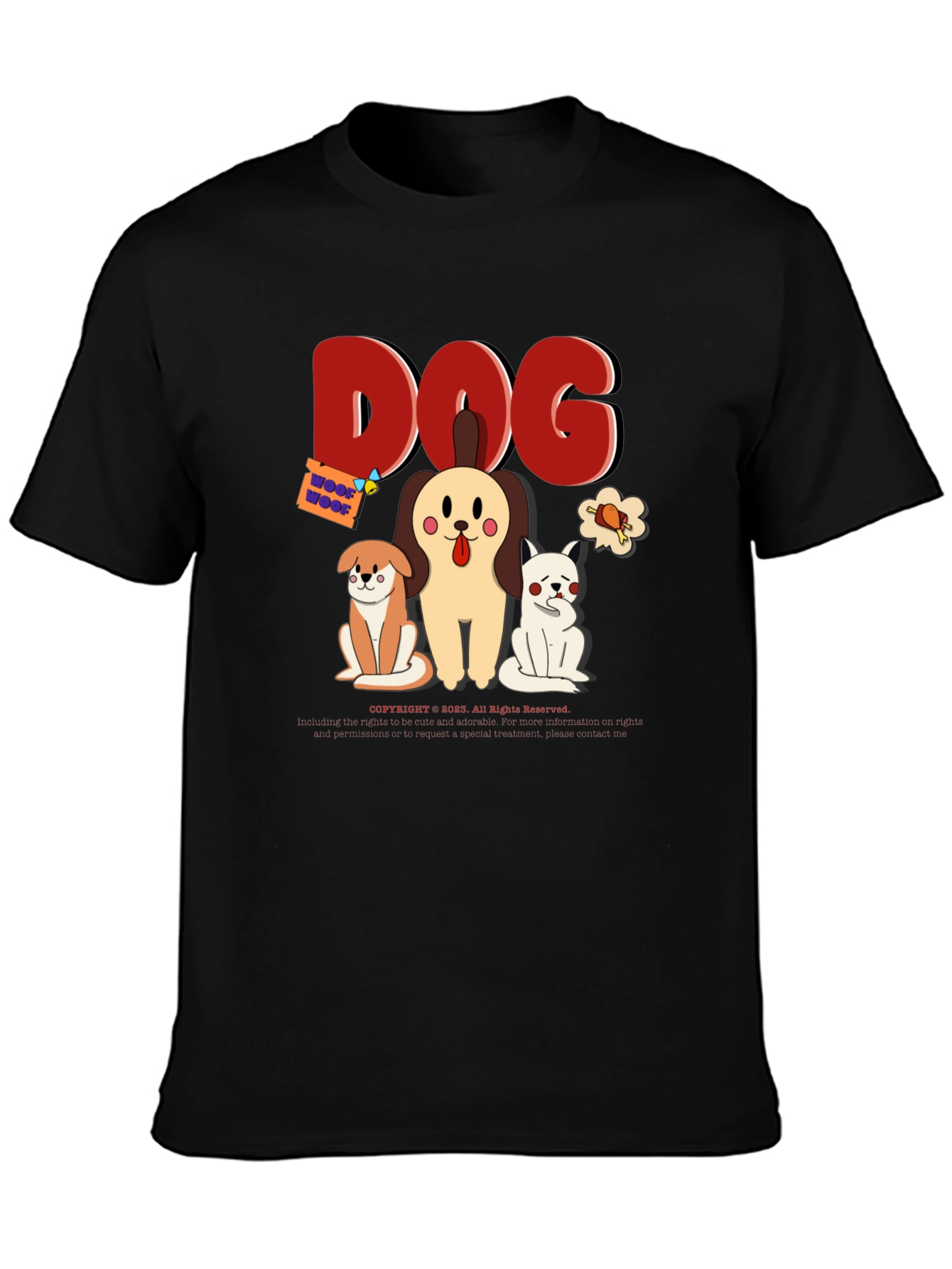 Cute Dog Cartoon Print Black T-Shirt