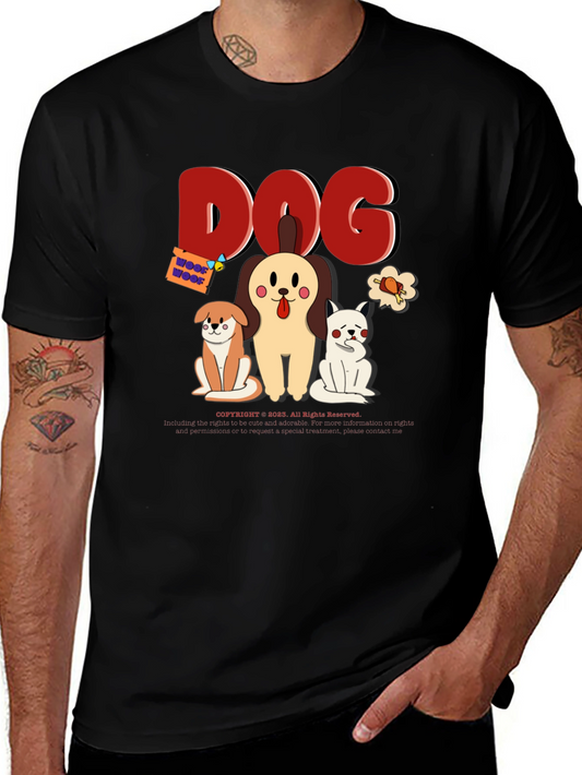 Cute Dog Cartoon Print Black T-Shirt