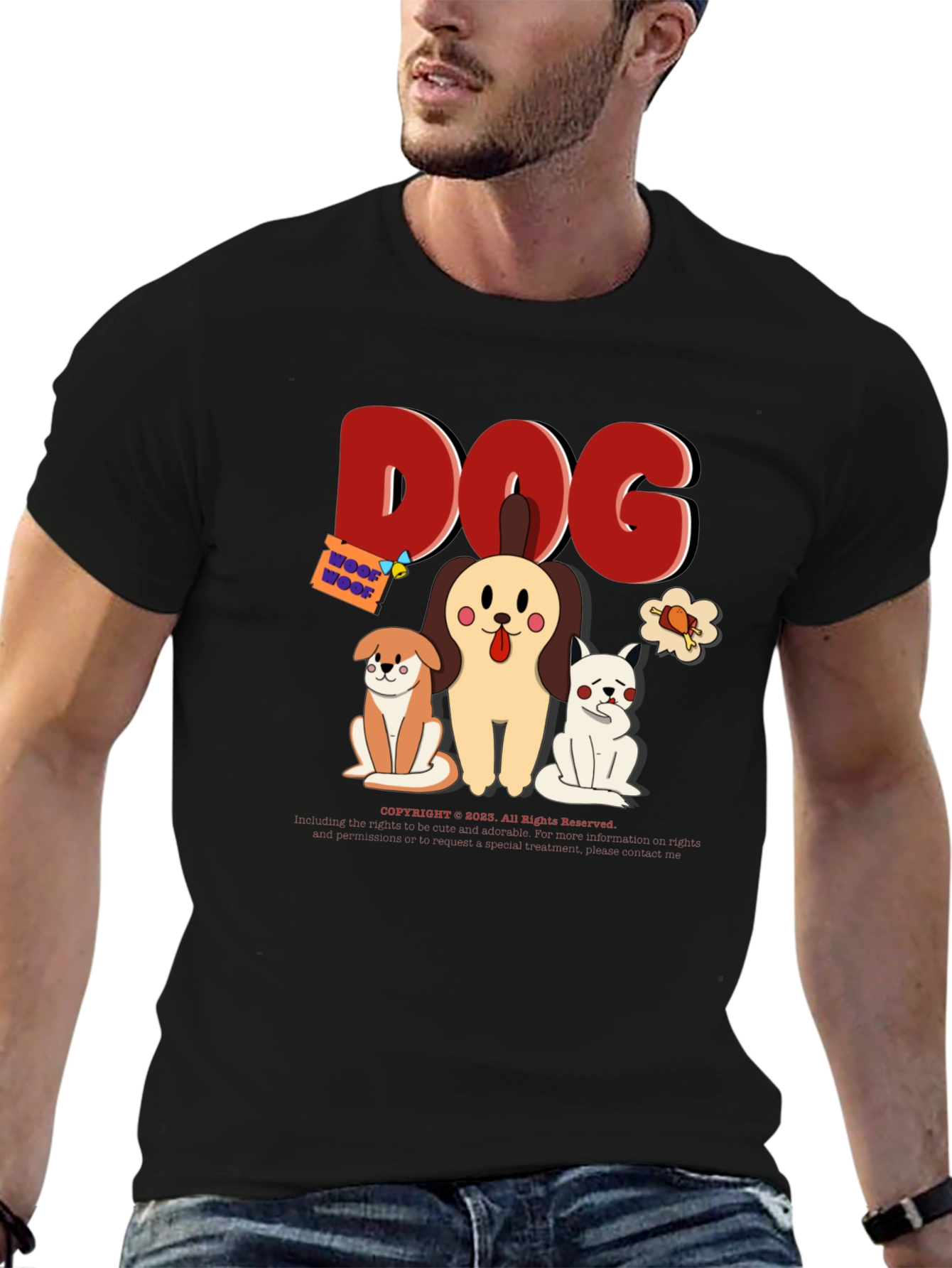 Cute Dog Cartoon Print Black T-Shirt