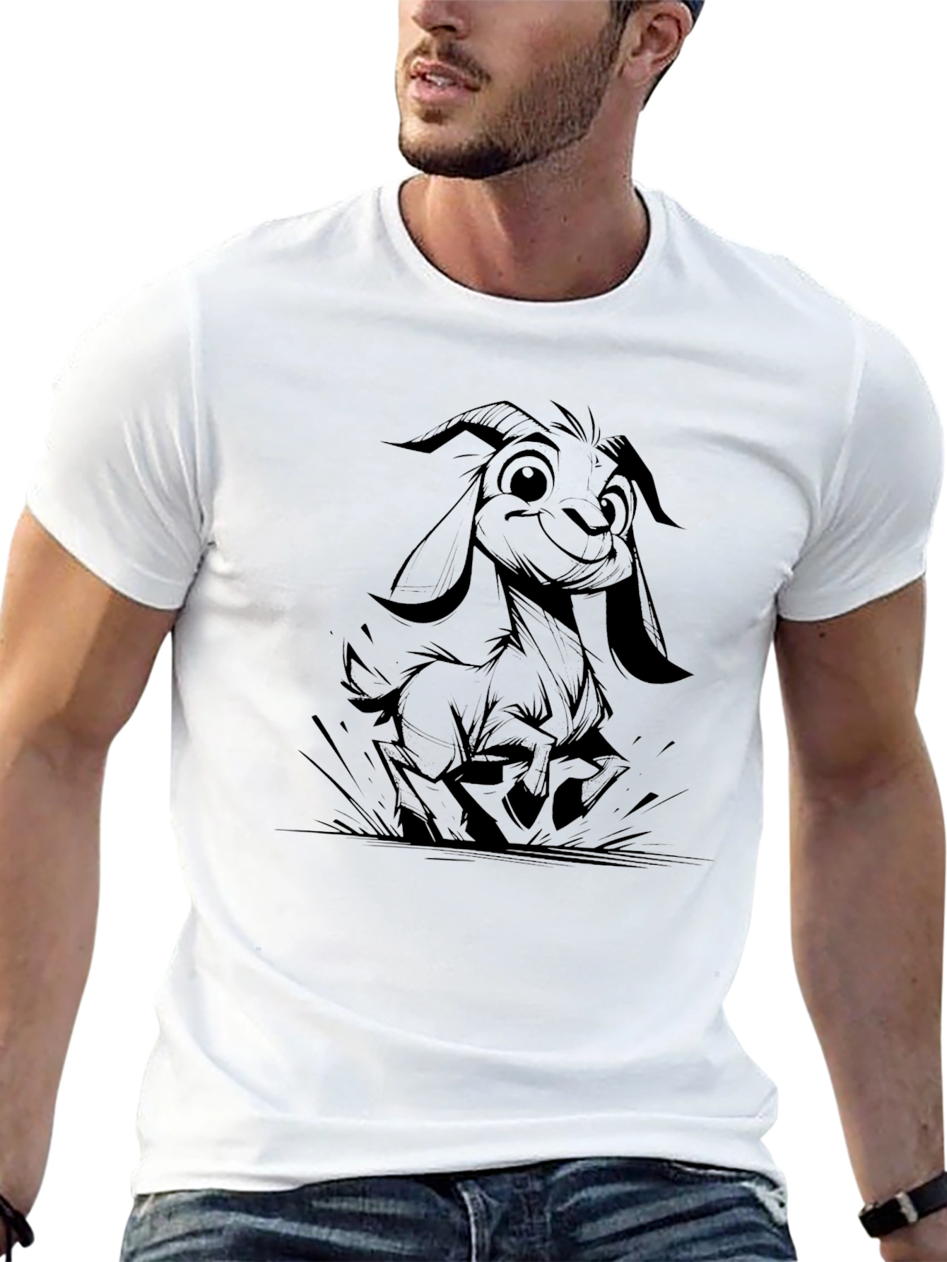 Cartoon Goat Graphic Tee - Black Casual T-Shirt