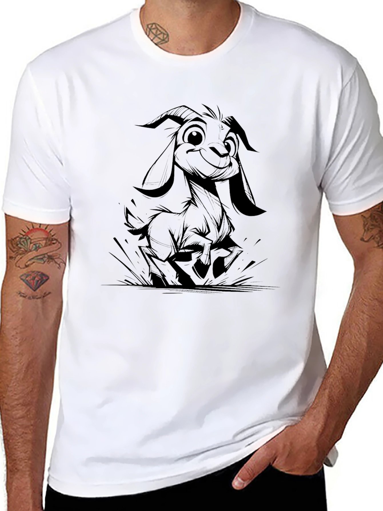 Cartoon Goat Graphic Tee - Black Casual T-Shirt