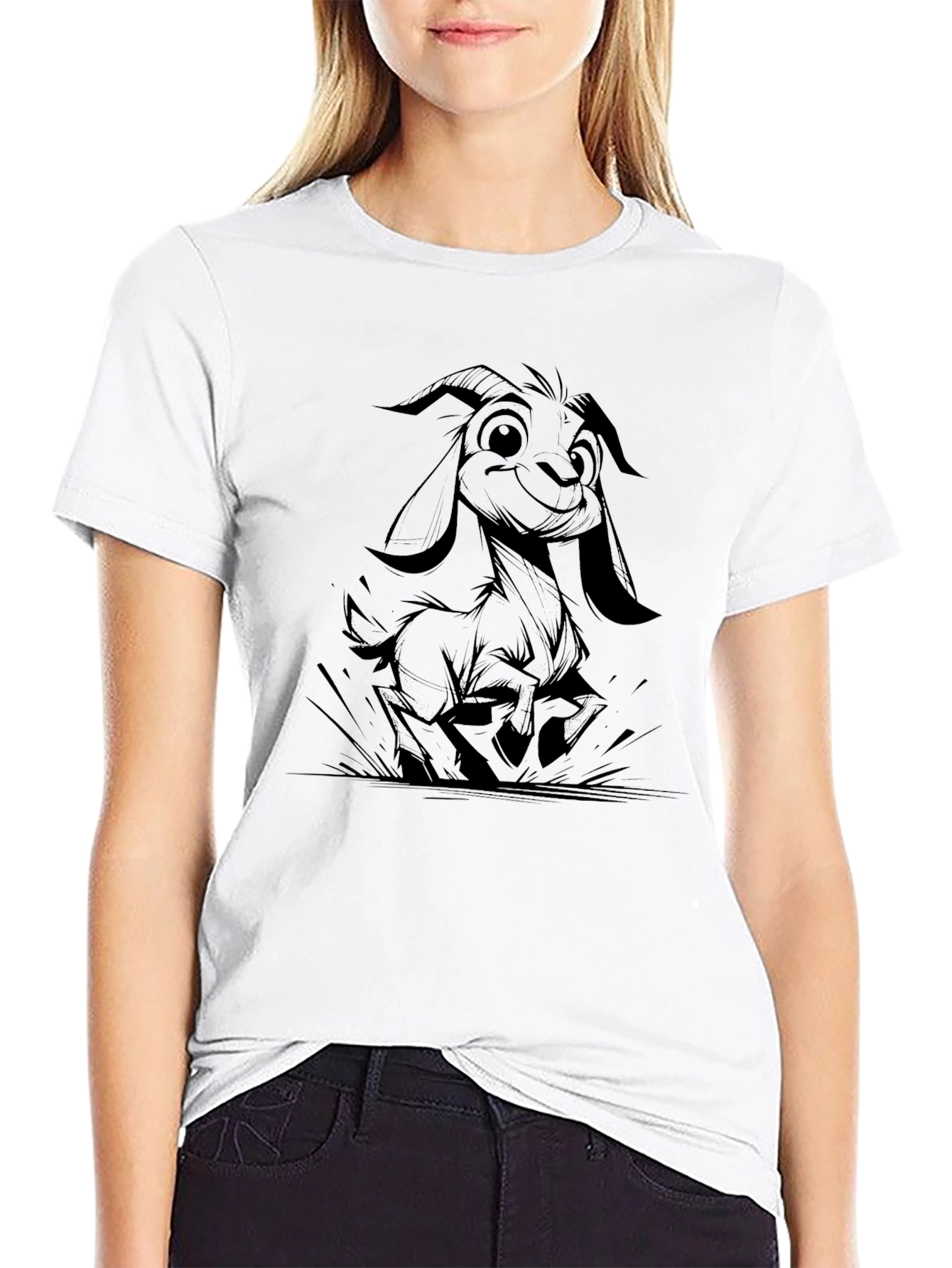 Cartoon Goat Graphic Tee - Black Casual T-Shirt