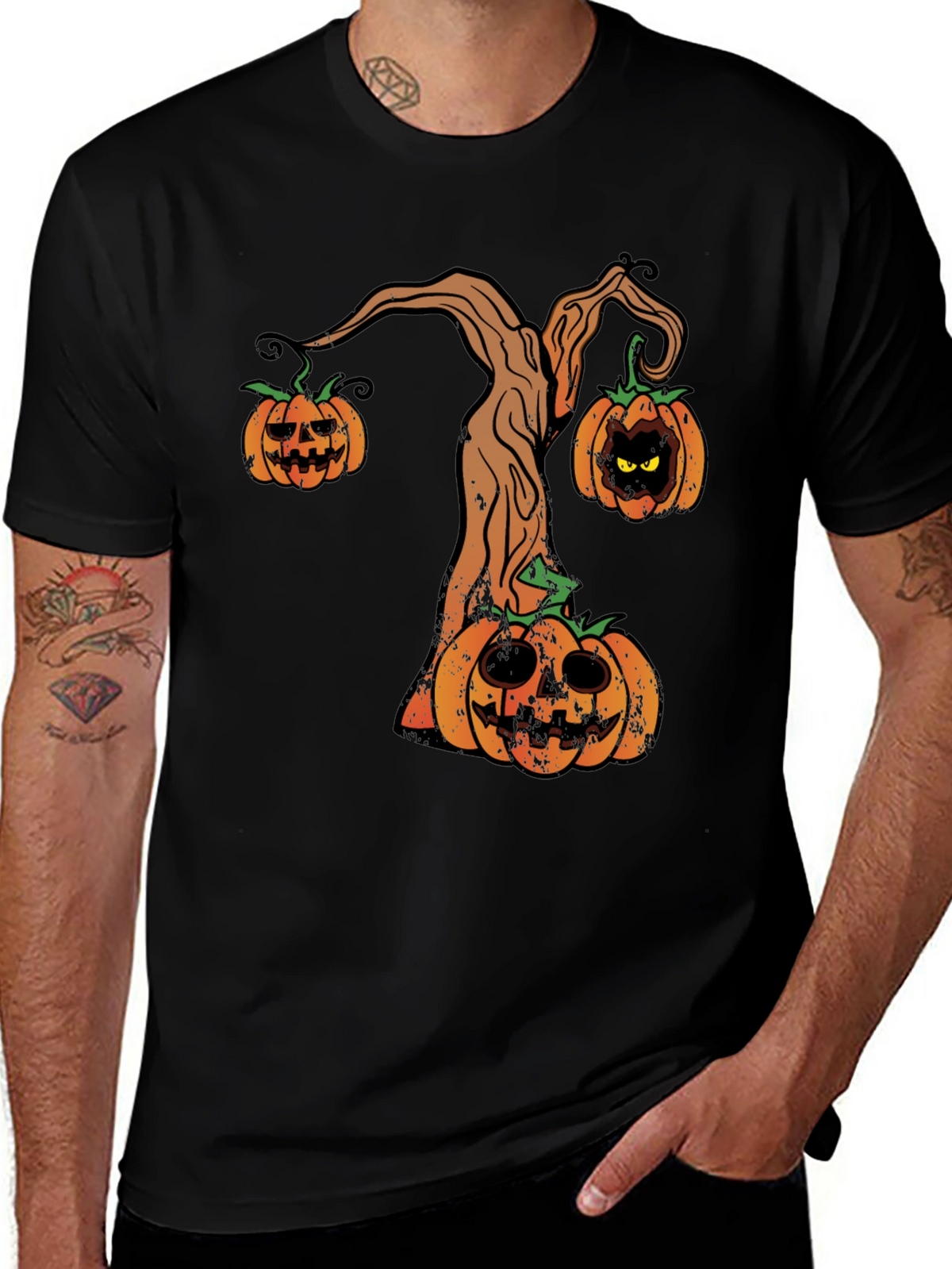 Halloween Pumpkin Tree Mens Black T-Shirt
