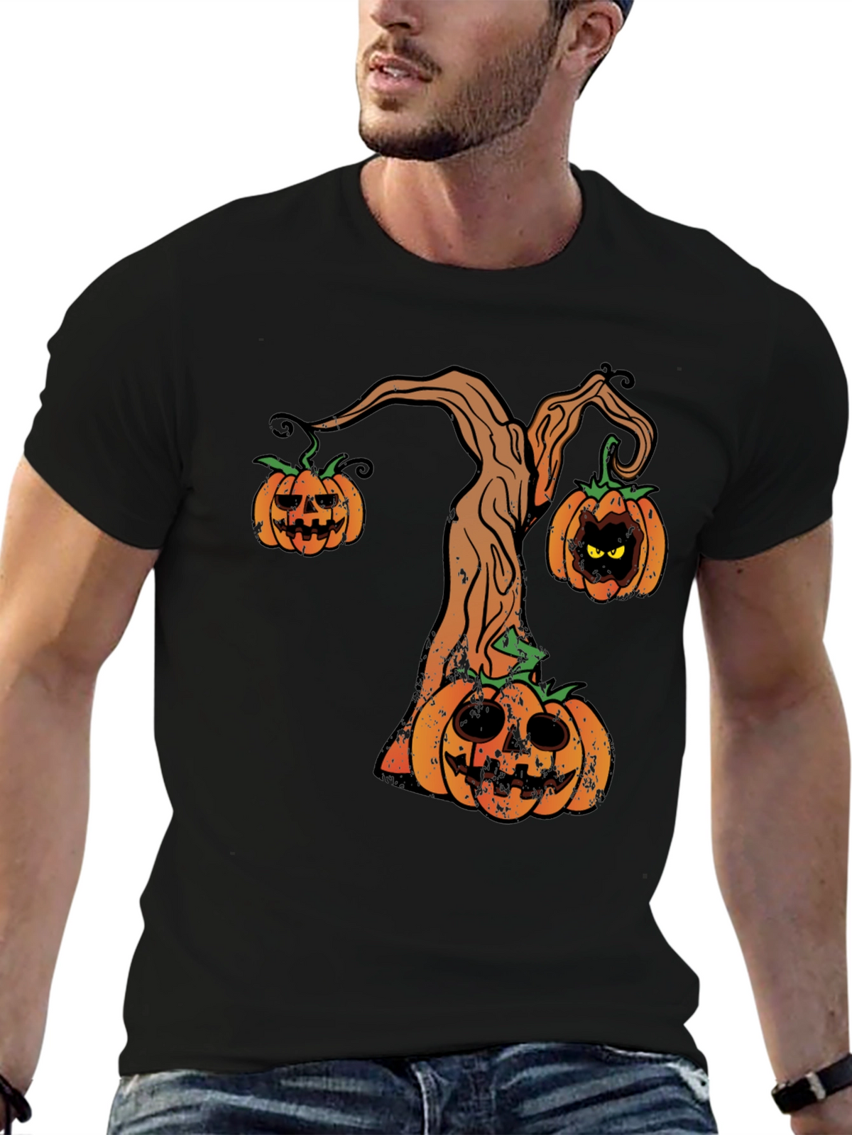 Halloween Pumpkin Tree Mens Black T-Shirt