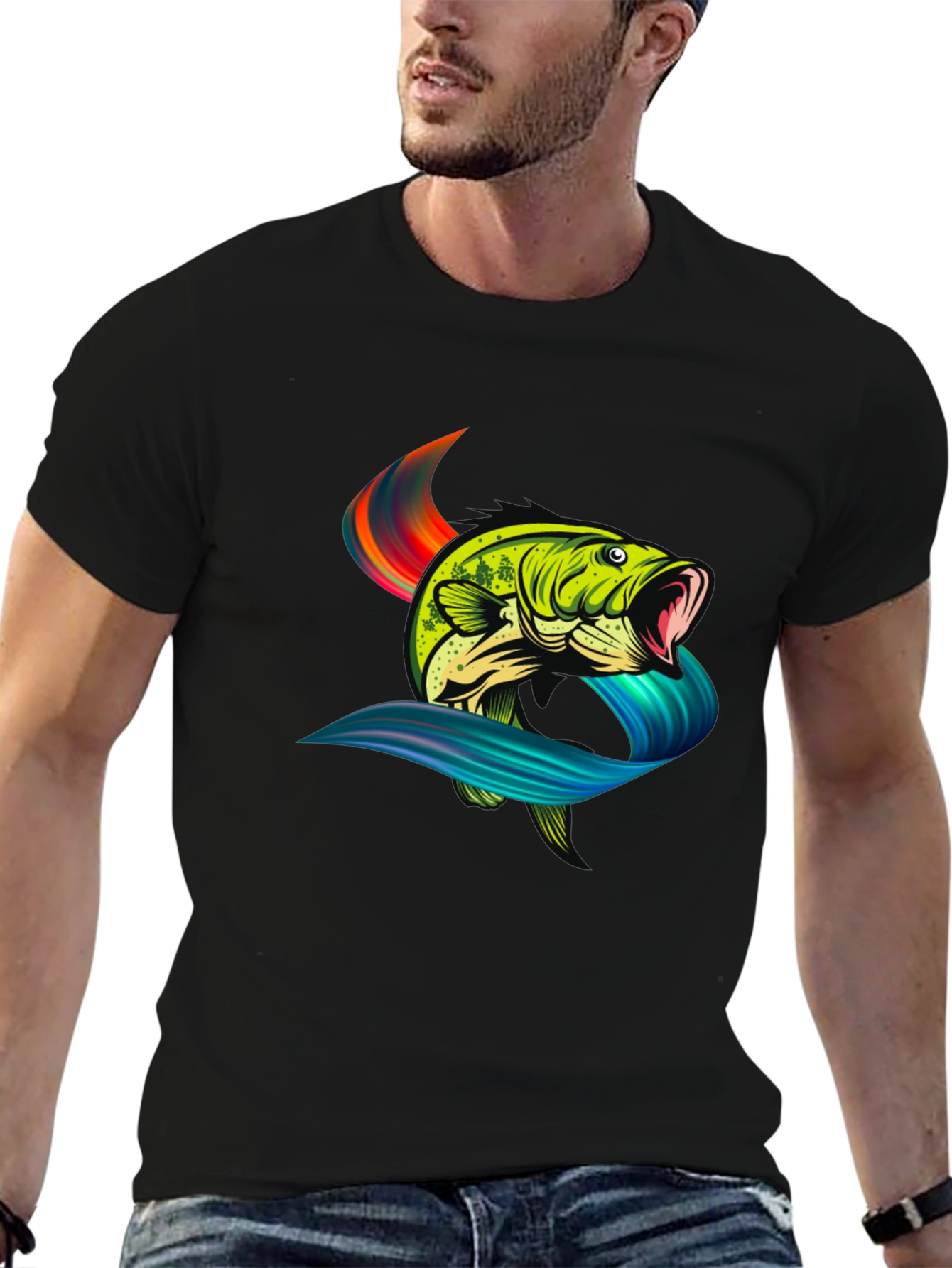 Bass Fish Graphic Tee - Black Cotton T-Shirt