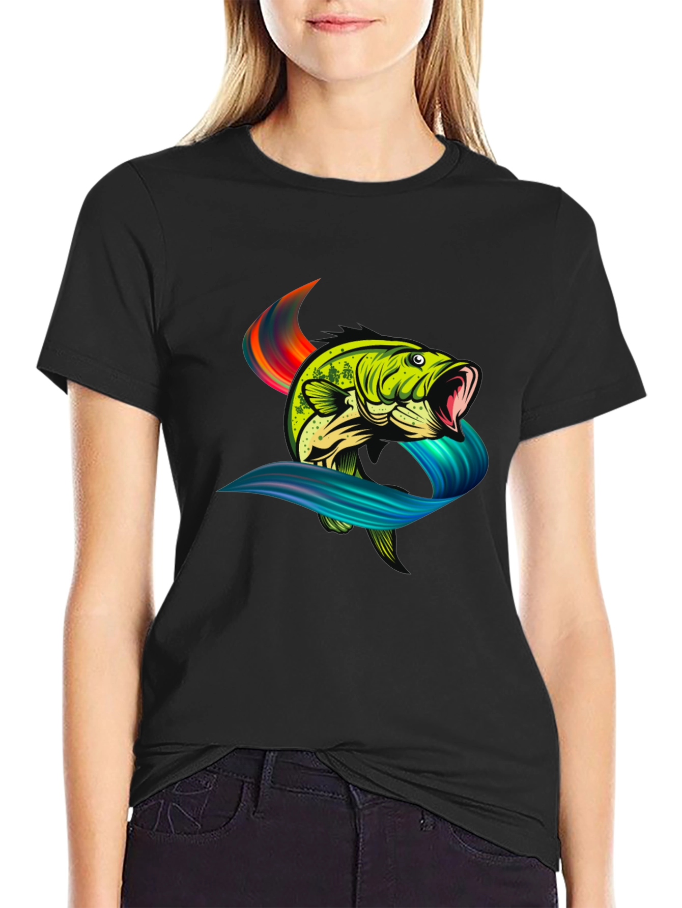 Bass Fish Graphic Tee - Black Cotton T-Shirt