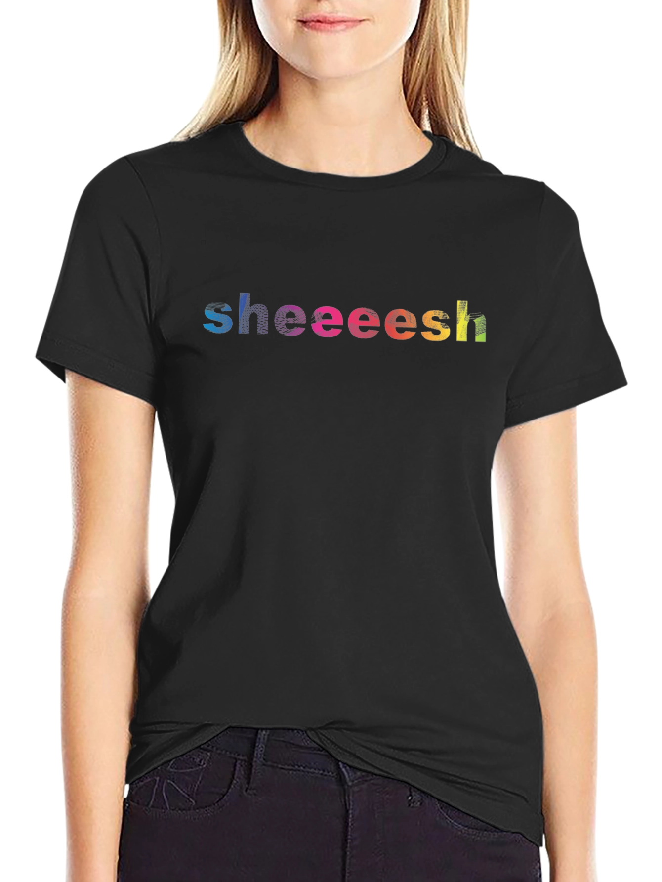 Sheeeesh Rainbow Text Graphic Black T-Shirt