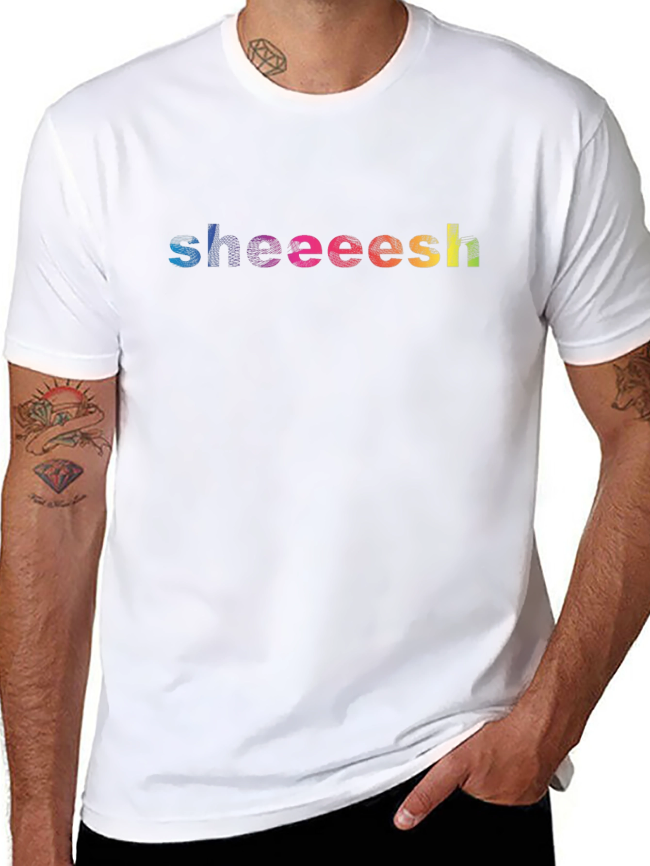 Sheeeesh Rainbow Text Graphic Black T-Shirt
