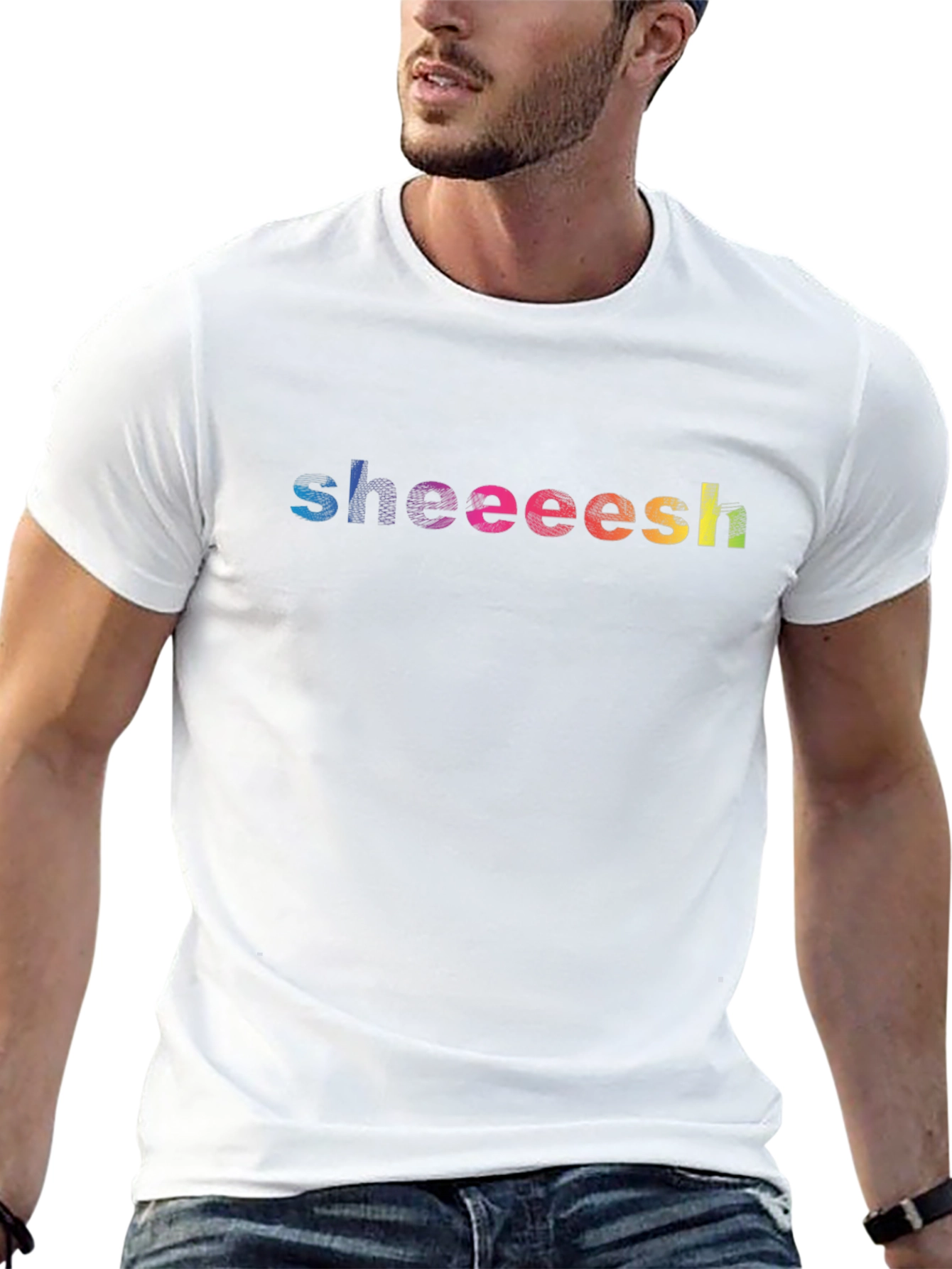 Sheeeesh Rainbow Text Graphic Black T-Shirt