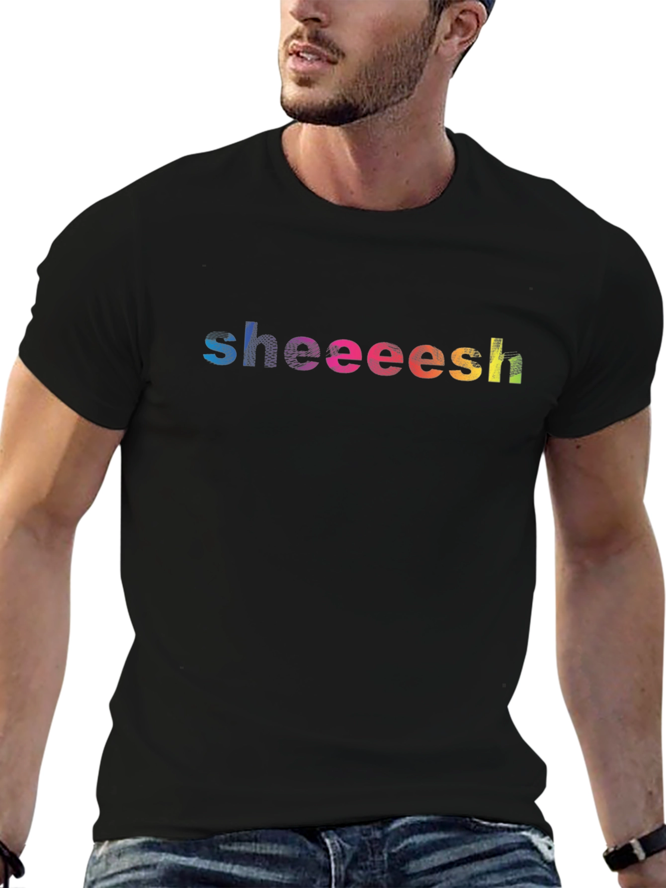 Sheeeesh Rainbow Text Graphic Black T-Shirt