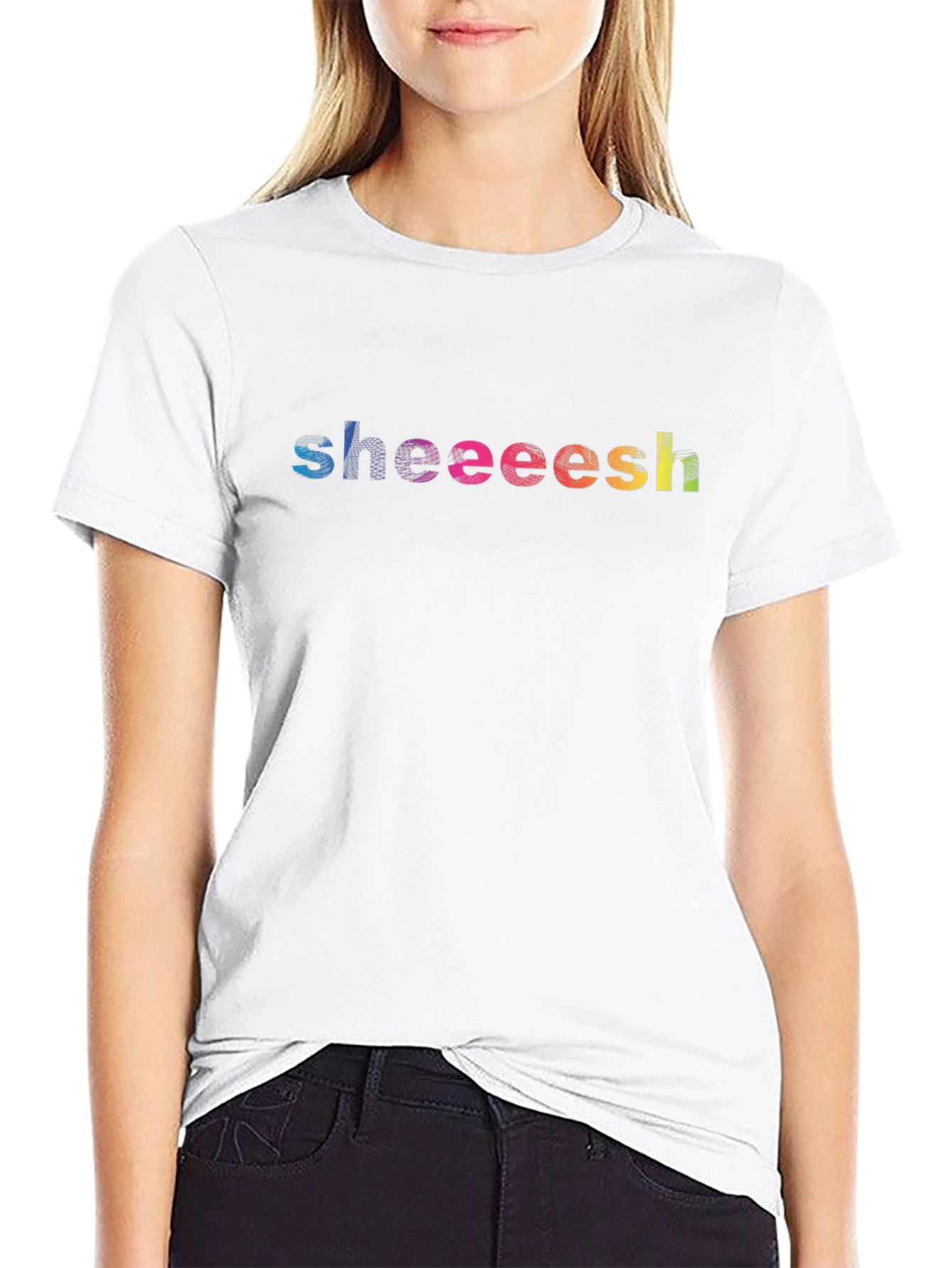 Sheeeesh Rainbow Text Graphic Black T-Shirt