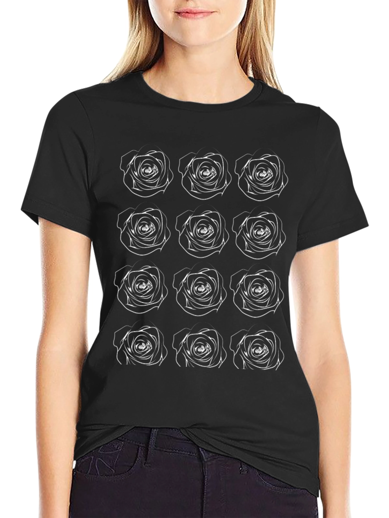 Rose Outline Graphic Print T-Shirt - Casual Style