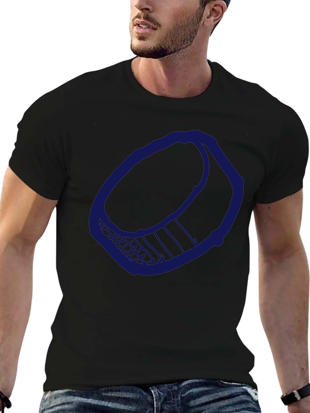 Mens Black T-Shirt with Blue Hockey Puck Design