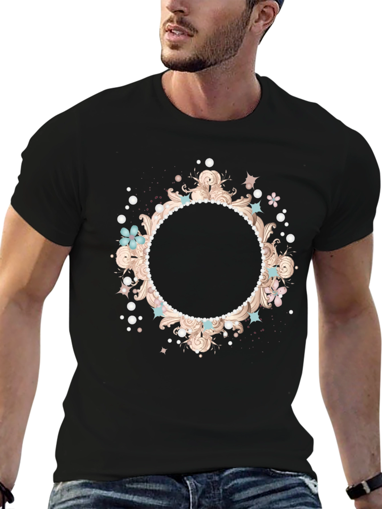 Stylish Black T-Shirt with Floral Frame Design
