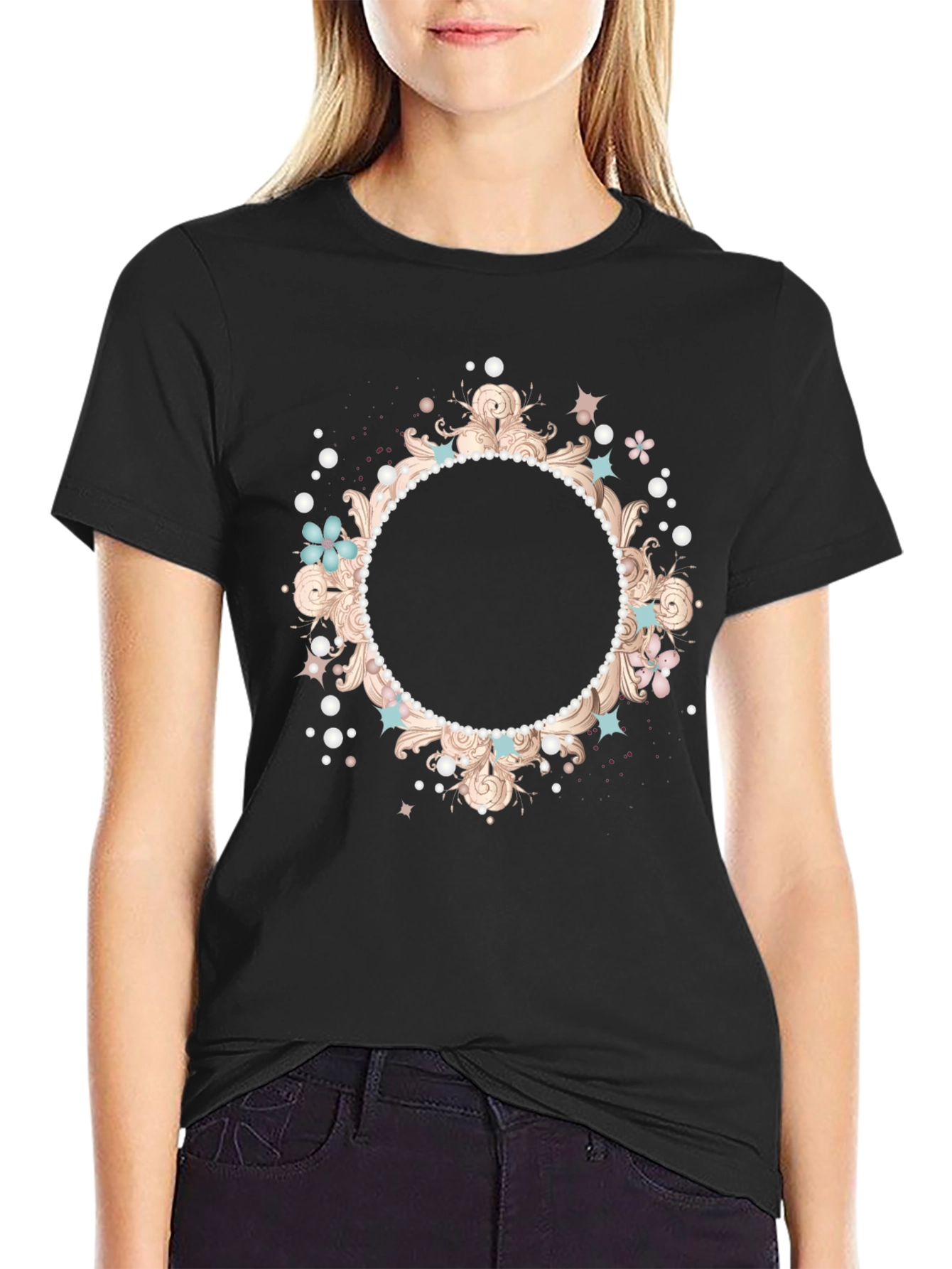 Stylish Black T-Shirt with Floral Frame Design