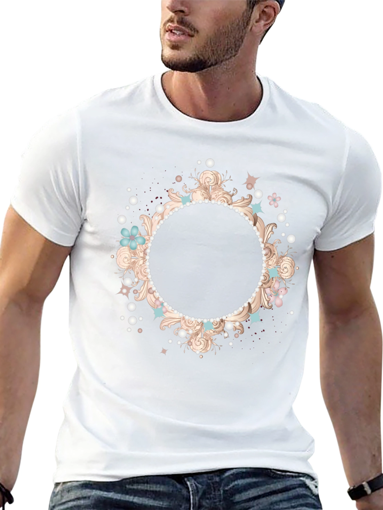 Stylish Black T-Shirt with Floral Frame Design