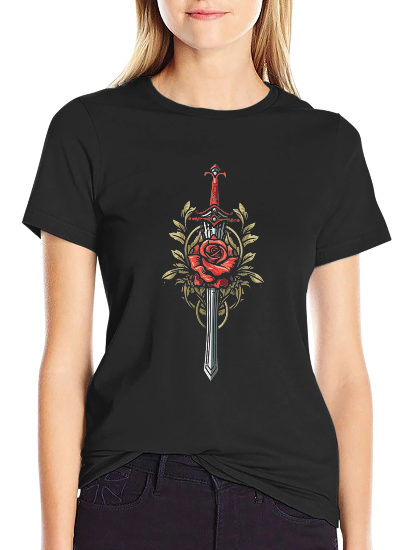 Sword and Rose Graphic Black T-Shirt