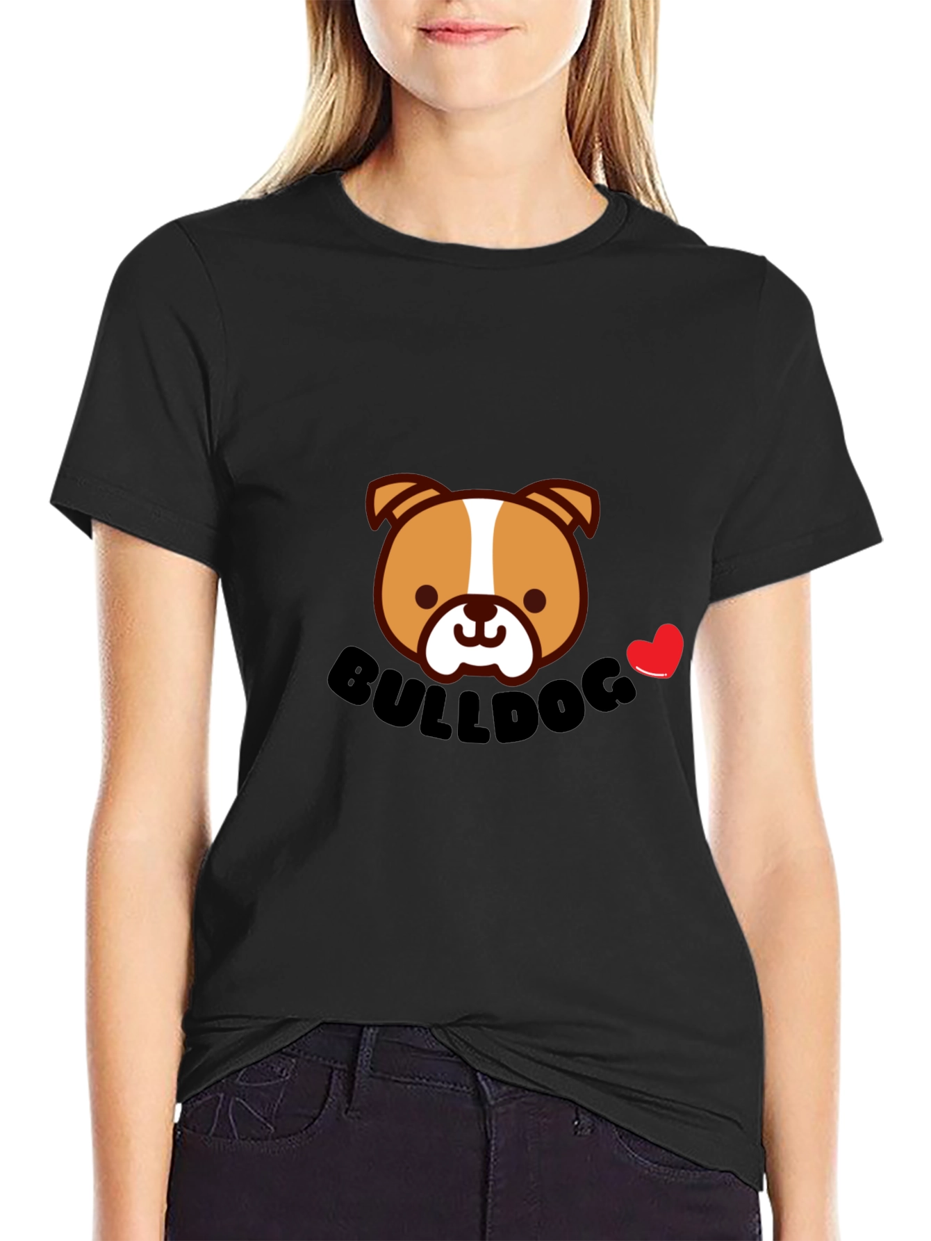Cute Bulldog Cartoon Graphic Tee - Black Cotton T-Shirt