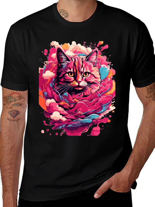 Colorful Cat Graphic Black T-Shirt