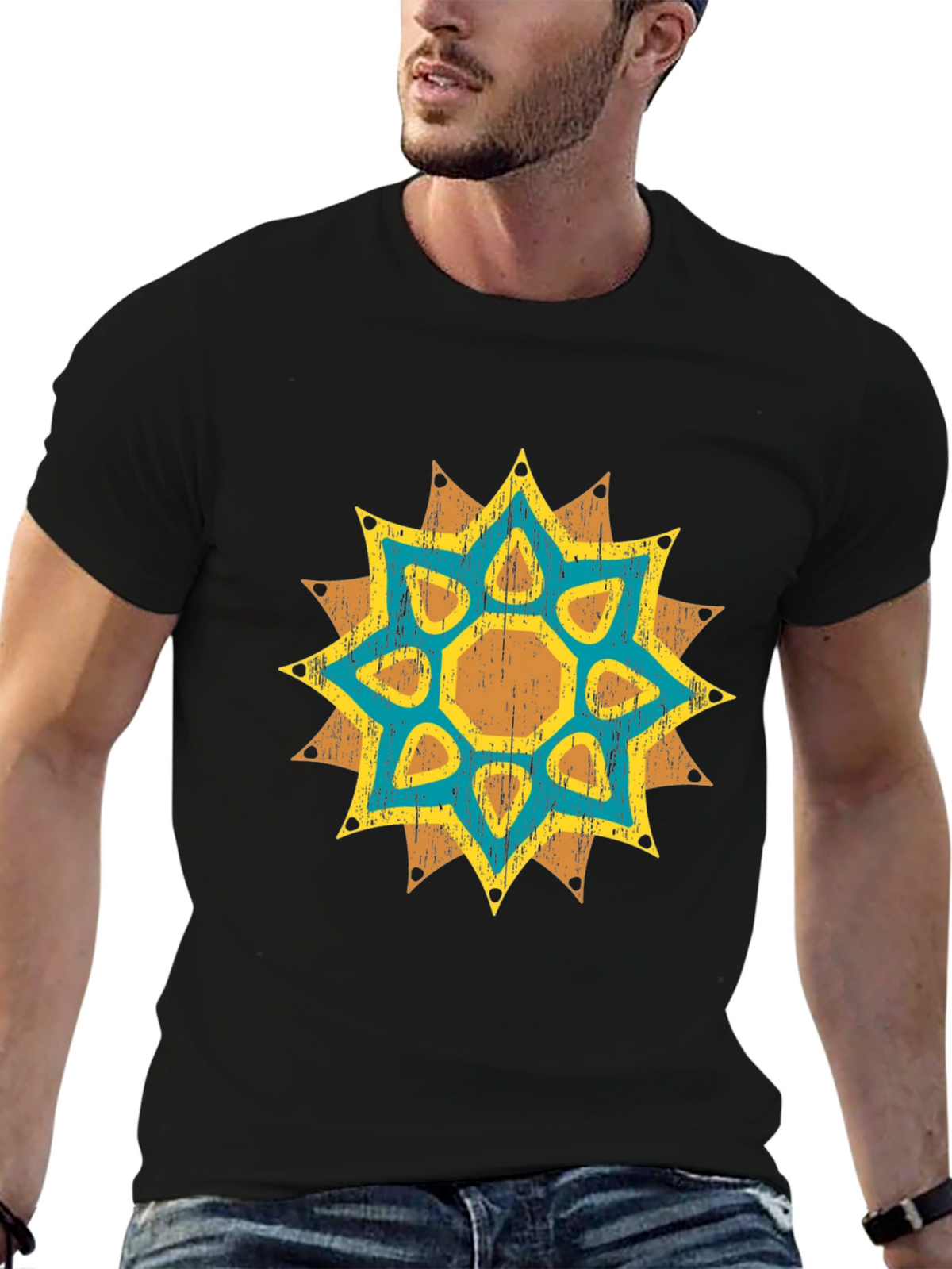Geometric Starburst Graphic Tee - Distressed Print
