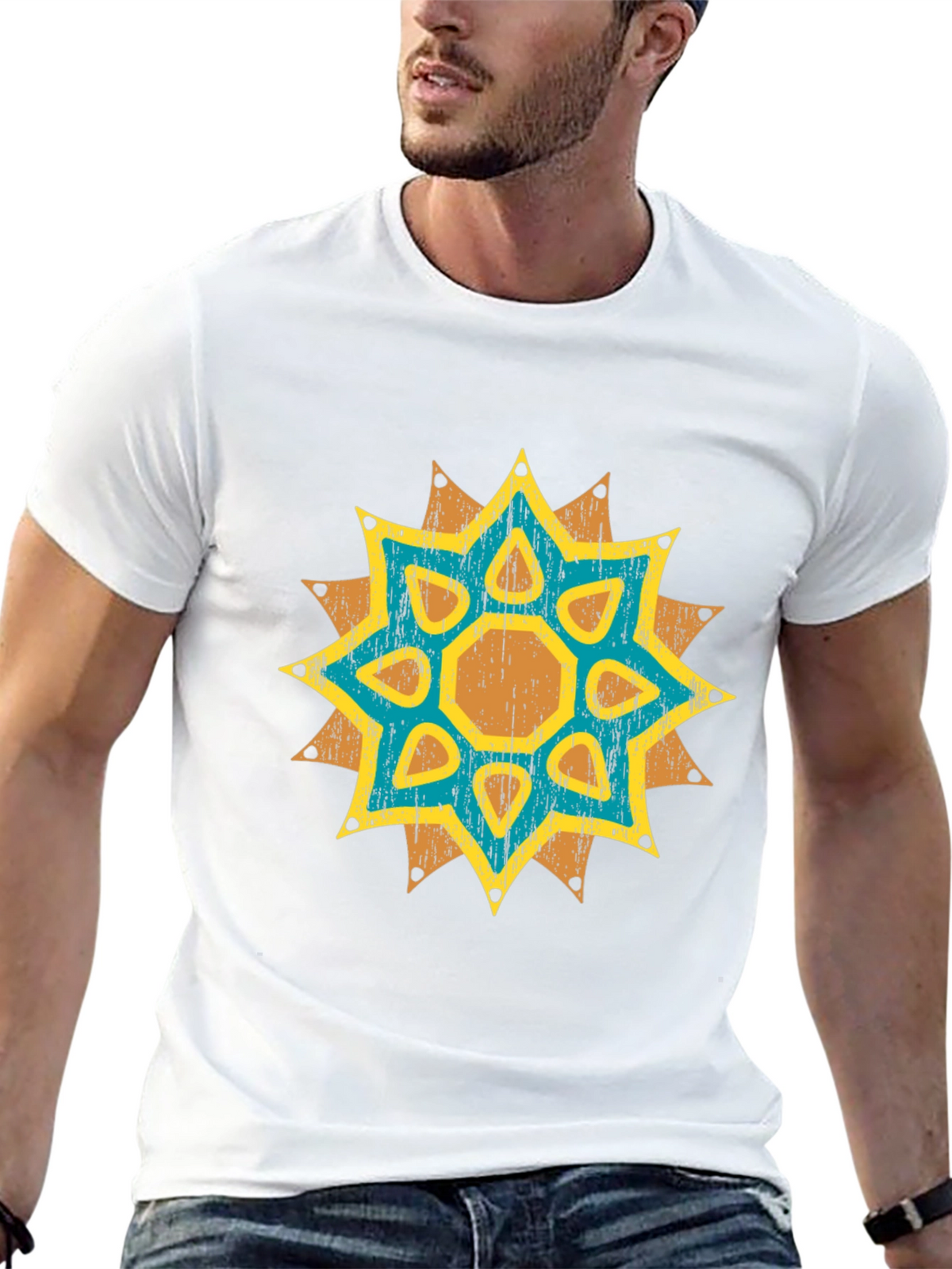 Geometric Starburst Graphic Tee - Distressed Print