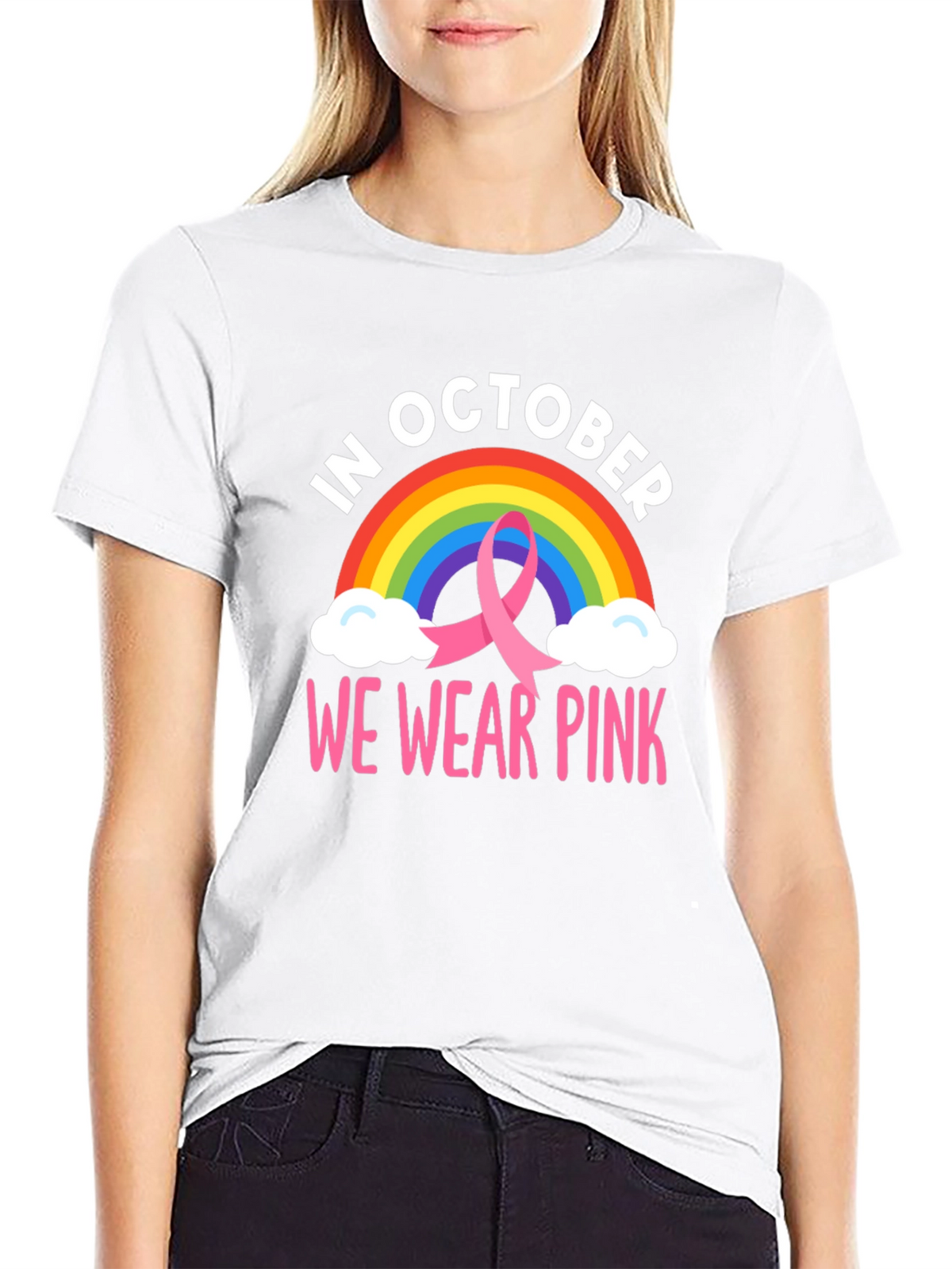 October We Wear Pink Breast Cancer Rainbow T-Shirt
