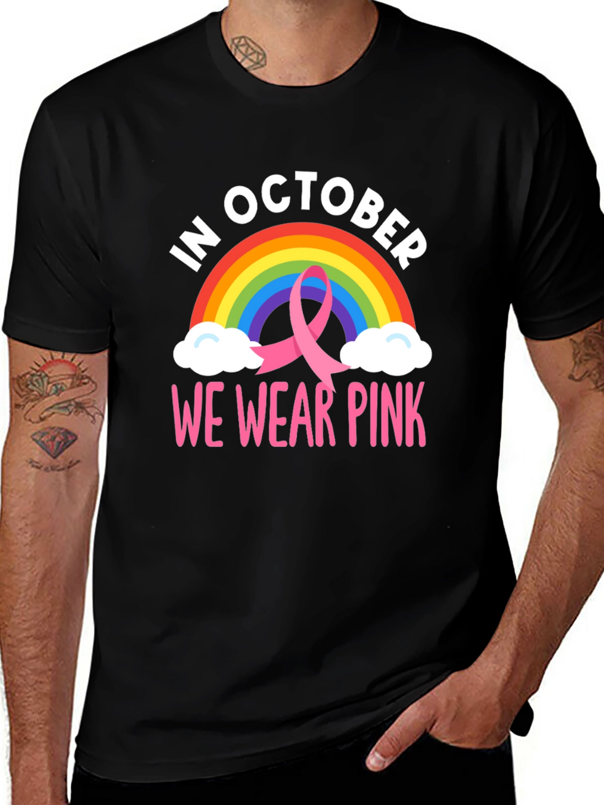 October We Wear Pink Breast Cancer Rainbow T-Shirt